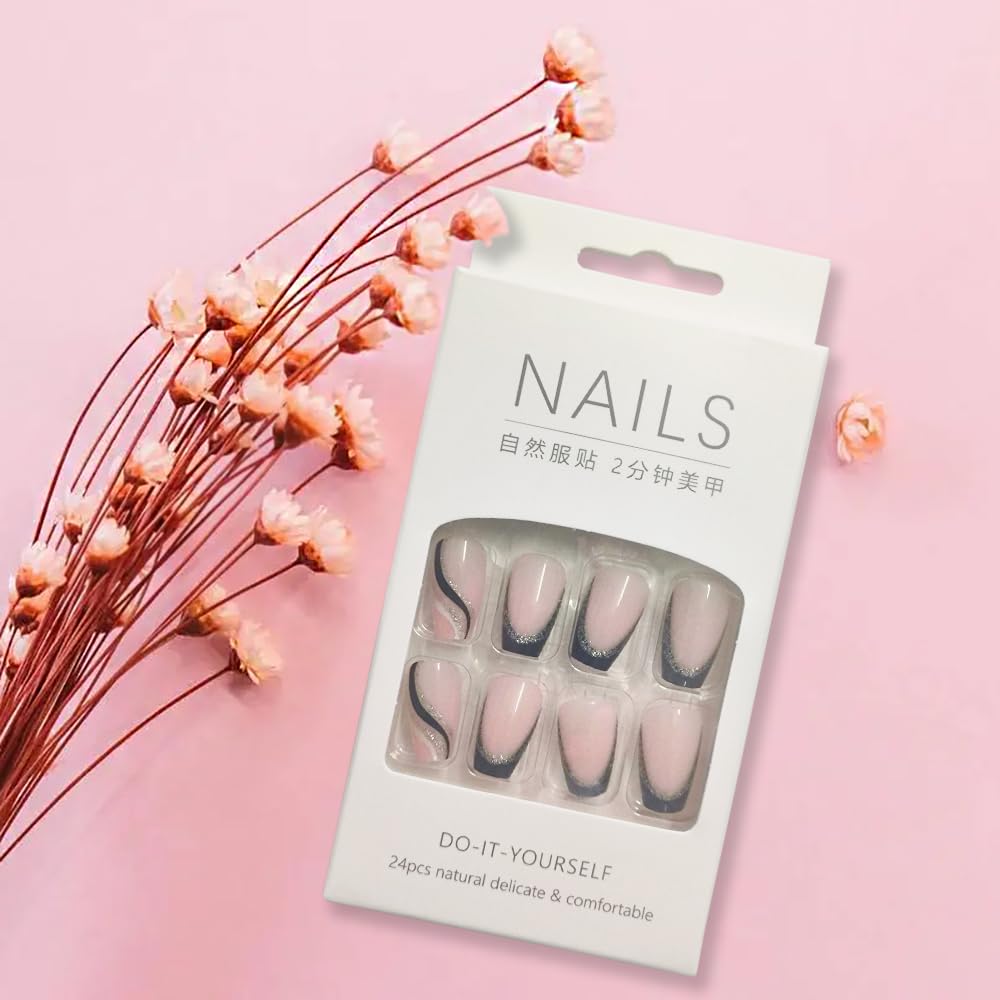 Premium 24Pcs Black French Press On Nails - Coffin Medium Length with Ballerina Tips, Glossy False Nails with Silver Sequins & Striped Designs | Full Cover Acrylic Nails for Women & Girls | Perfect for Parties, Weddings & Special Occasions