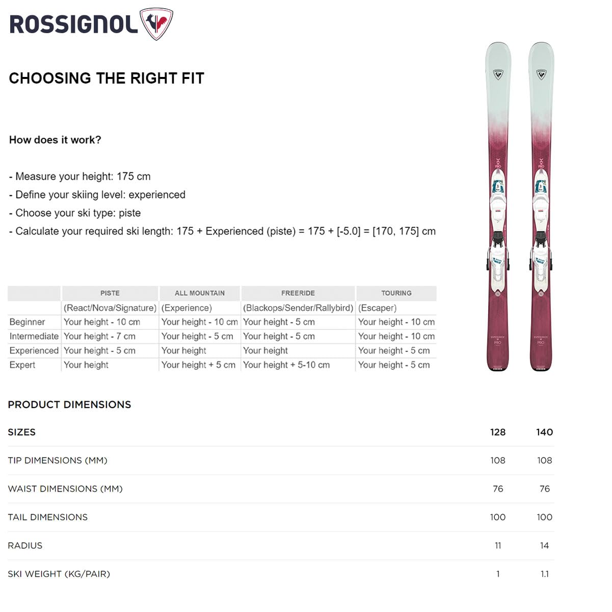 ROSSIGNOL Kids All Mountain Skis - Experience W PRO XP7 Alpine Ski Kit for Young Skiers | Perfect for Beginner to Intermediate Skiers on Groomed Trails & All-Mountain Terrain