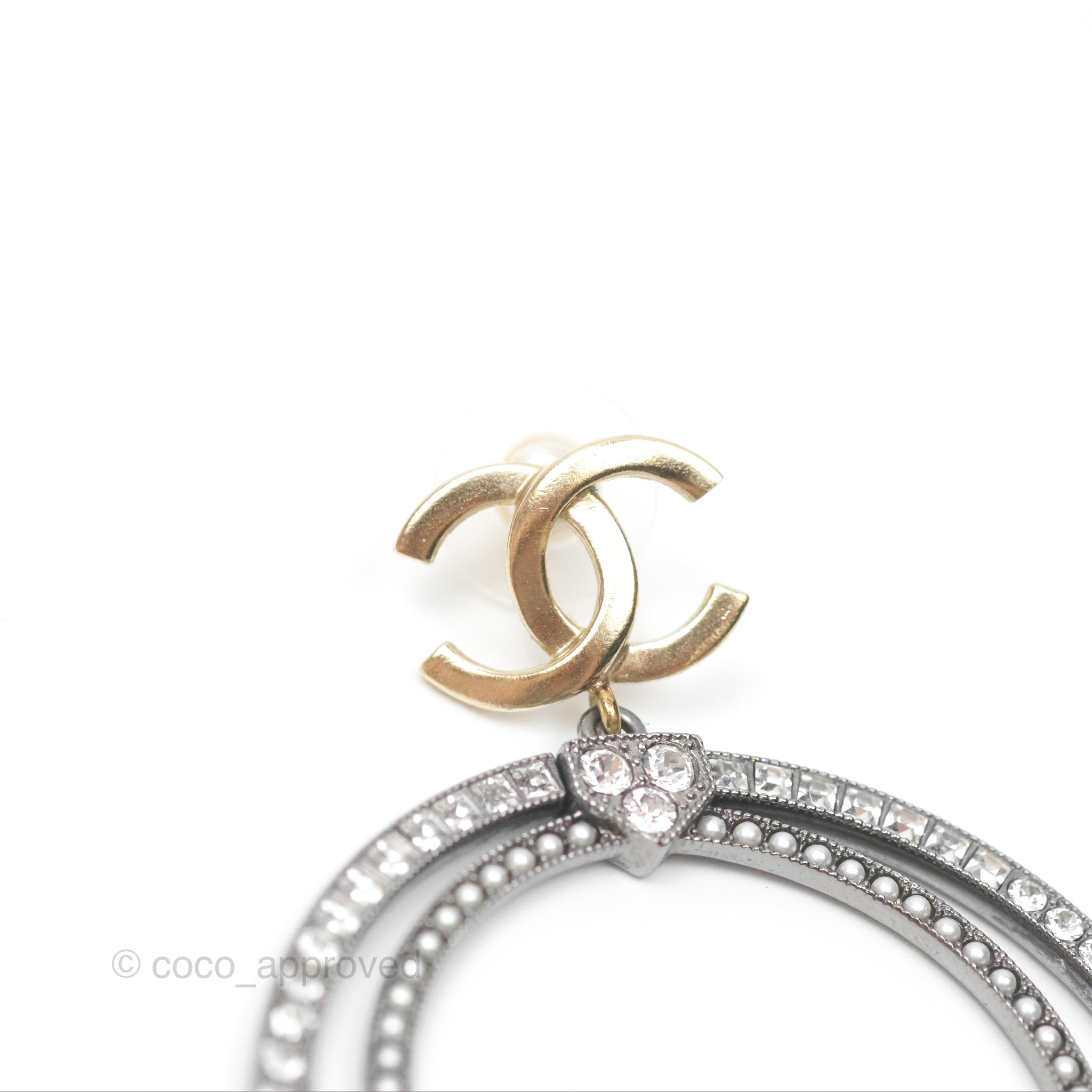 Chanel CC Circles Crystal Drop Earrings - Brushed Gold Tone & Gun Metal 20P - Luxury Fashion Jewelry for Women, Perfect for Parties, Weddings & Special Occasions