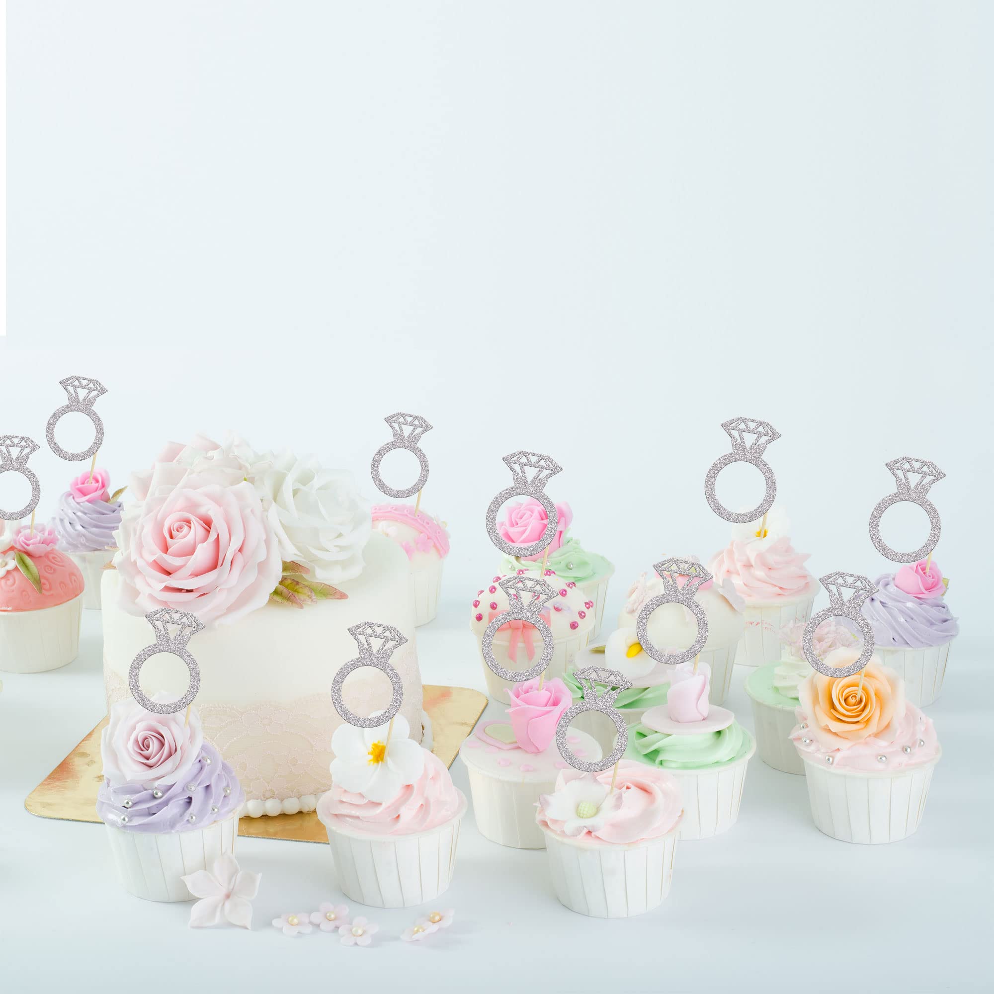 24Pcs Silver Glitter Diamond Donut Ring Cupcake Toppers - Elegant Wedding Cake Decorations for Engagement, Bridal Shower & Party - Perfect for Dessert Table Decor & Sweet Treat Displays