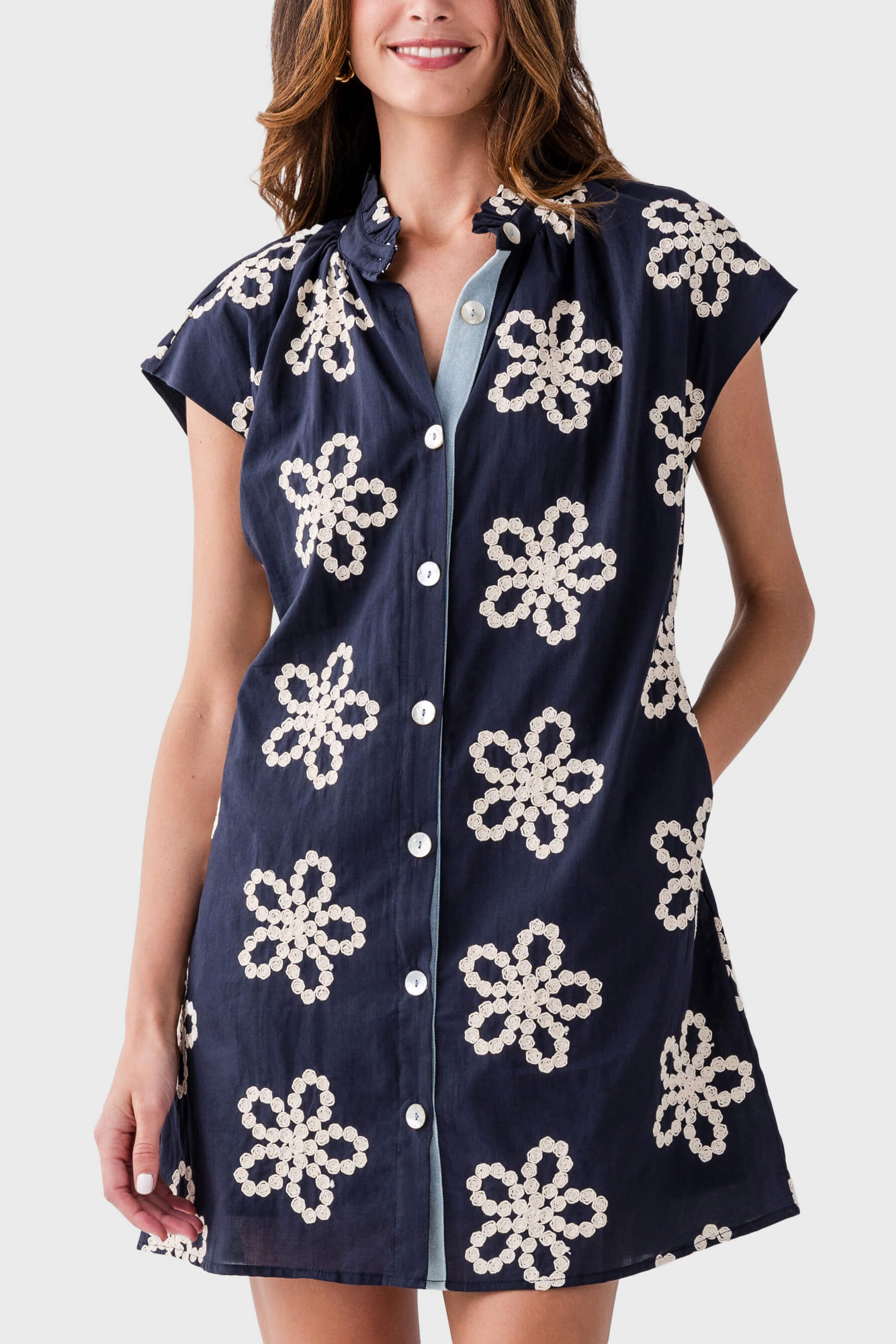 THML Floral Embroidered Button Down Dress for Women - Casual Summer Dress for Beach, Office & Date Night