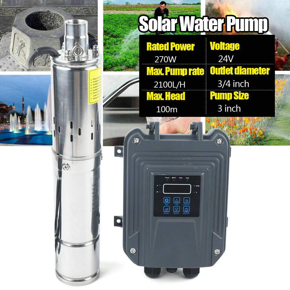 24V 270W DC Solar Water Pump Submersible Well Pump Stainless Steel with MPPT Controller - 2100L/H Max Flow for Home, Farm & Industrial Use | Irrigation, Livestock Watering & Off-Grid Water Supply