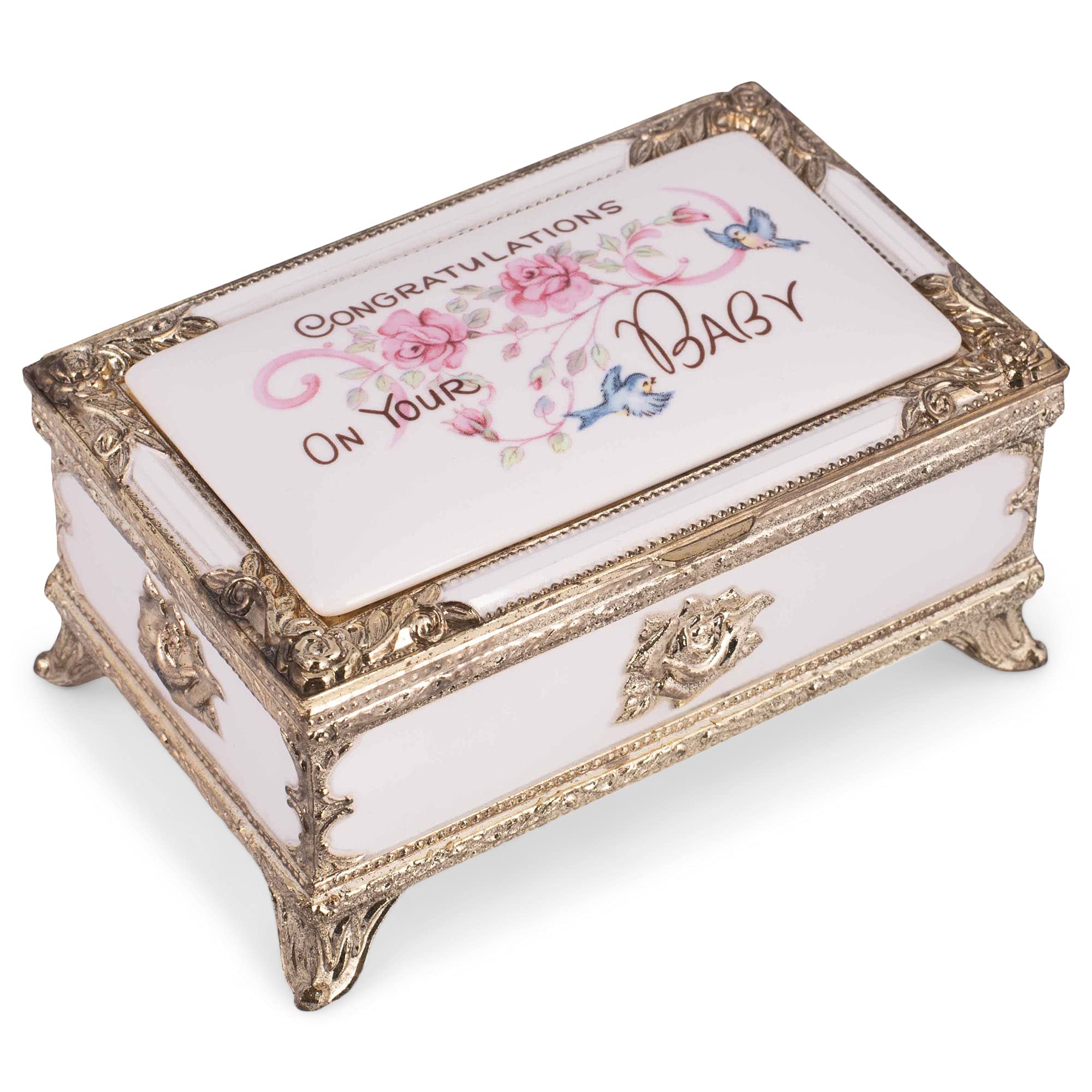 Elegant Baby Girl Music Jewelry Box - Rectangular Design with Lined Compartment, Plays Brahms' Lullaby - Perfect for Nursery Decor, Christening Gifts & Keepsake Storage