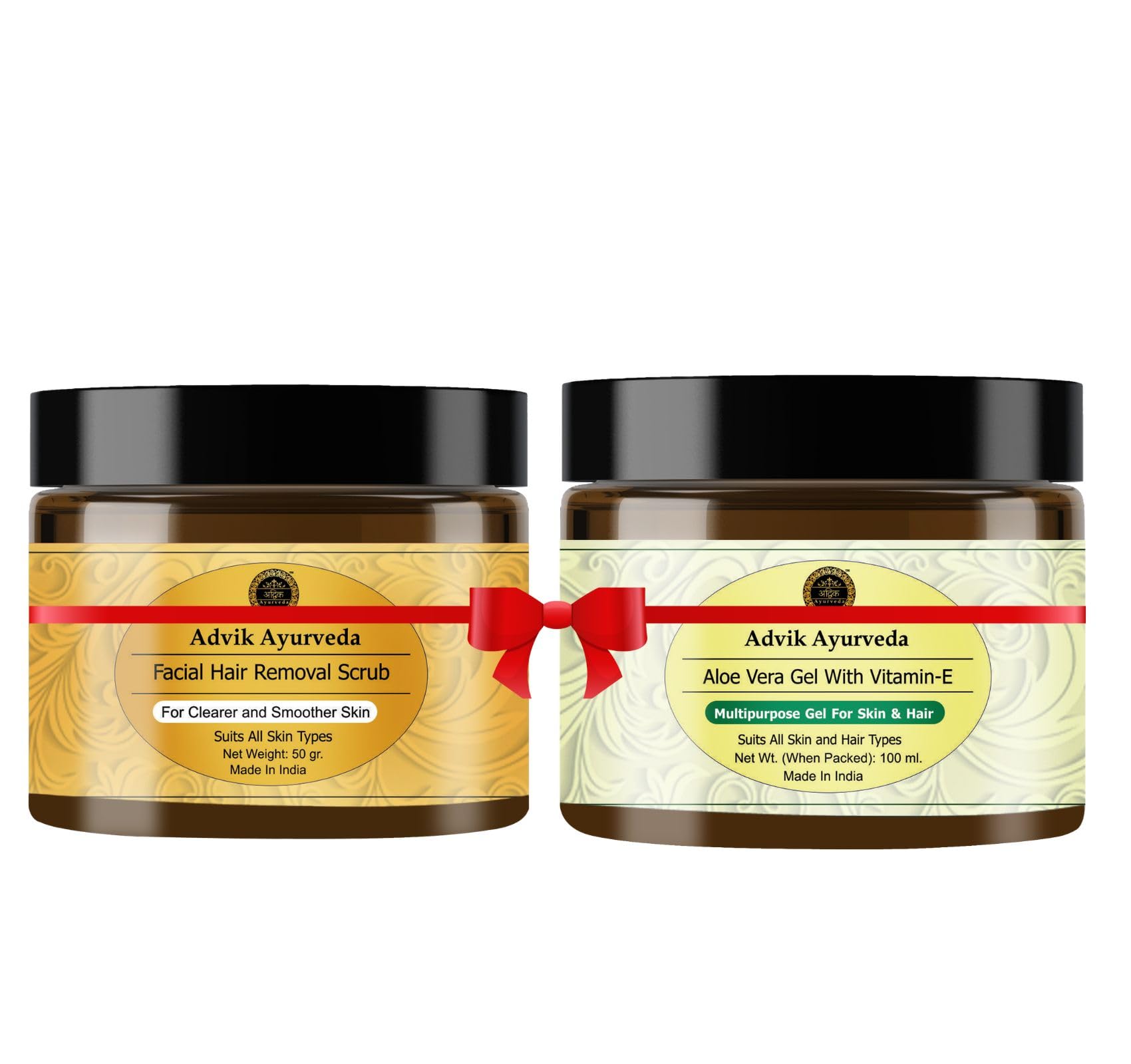 **Advik Ayurveda Facial Hair Removal Scrub 50g & Aloe Vera Gel 100g – Skin Smoothing Combo | Painless Hair Reduction | Hydrating & Moisturizing Aloe Gel for Face & Body | Perfect for Sensitive Skin & Post-Waxing Care**    *(Use Case: Ideal for at-home spa days, pre-wedding skincare routines, and soothing post-hair removal irritation.)*