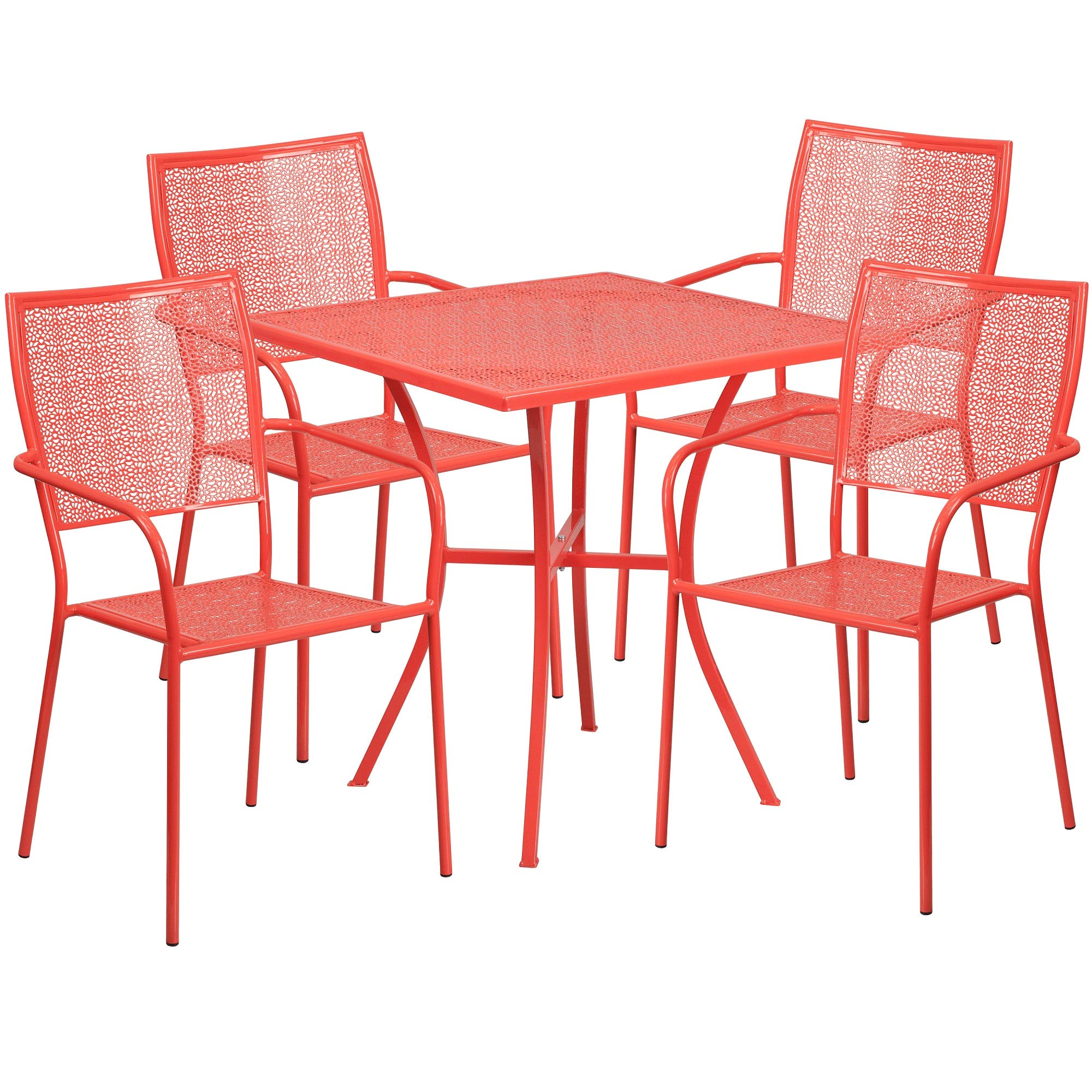 F&F Furniture 5-Piece Square Red Coral Indoor Outdoor Patio Dining Set with 4 Back Chairs - 35 Inch Table - Perfect for Backyard, Garden, Poolside & Balcony Use
