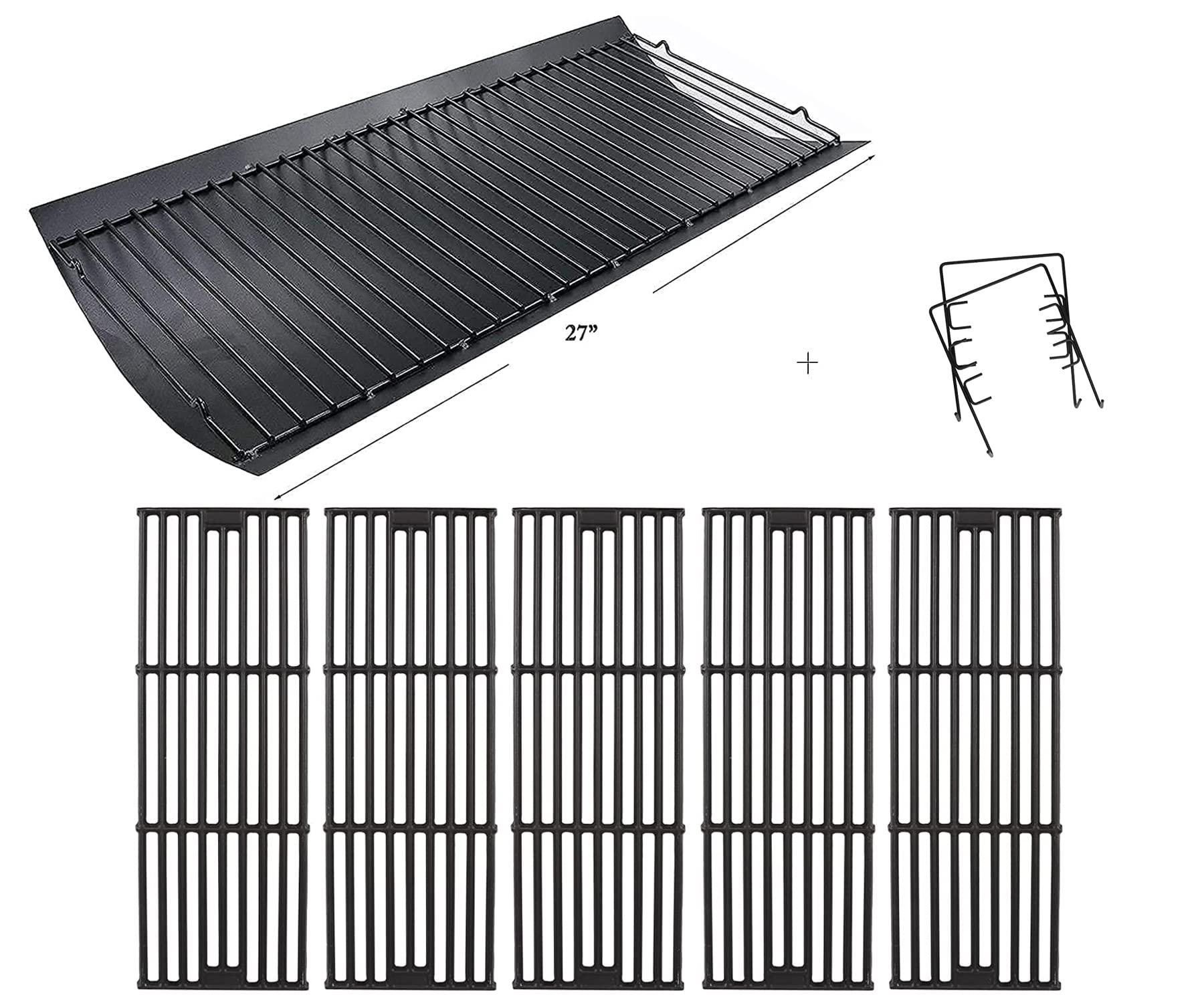 Hisencn 27-Inch Cast Iron Ash Pan & Grill Cooking Grates for Chargriller 2121, 2222, 2828 Models – Heavy Duty Drip Pan with 2 Fire Grate Hangers (5-Pack) – Perfect for BBQ, Grilling, and Outdoor Cooking