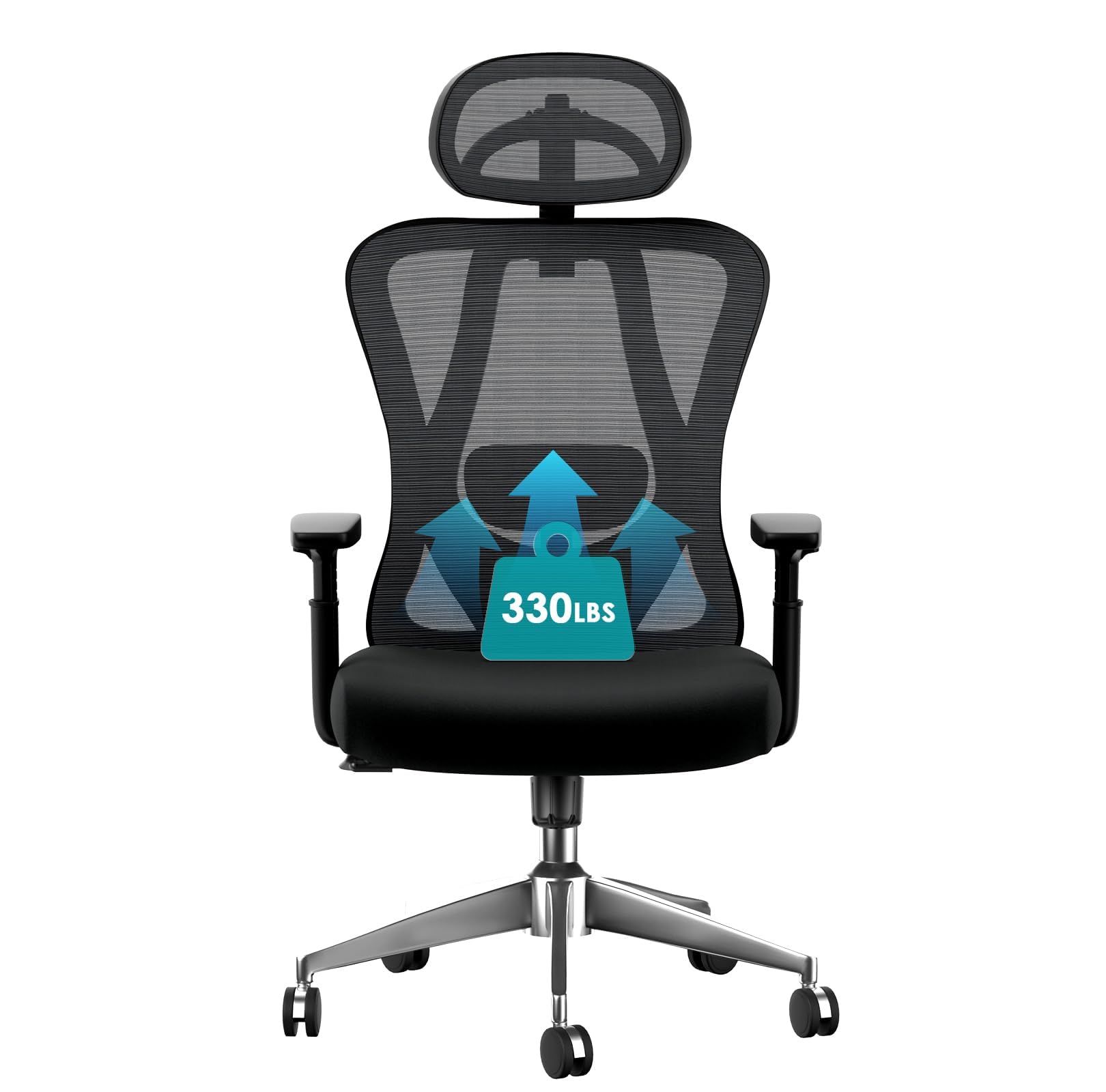 Ergonomic Office Chair with Adjustable Lumbar Support - High Back Mesh Desk Chair, 135° Reclining Backrest, Adjustable Armrests & Headrest - Black - Perfect for Home Office, Gaming & Long Work Sessions