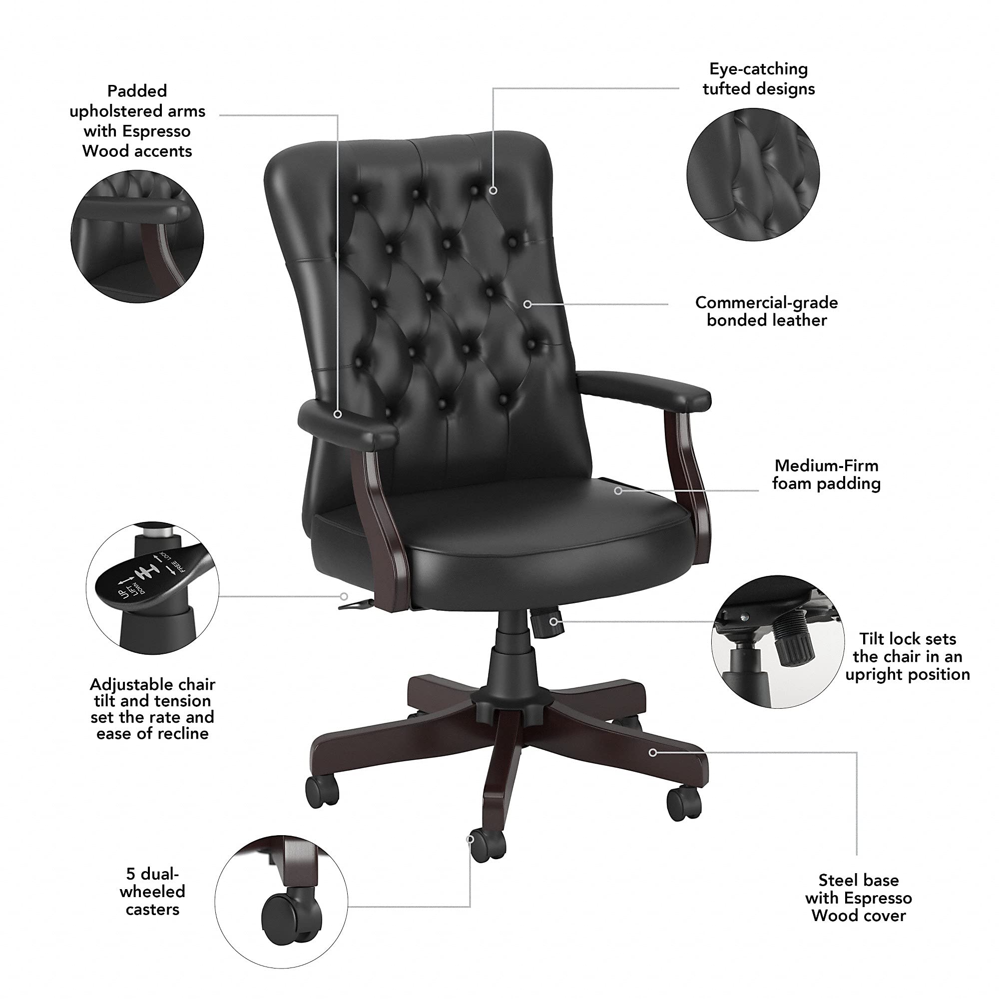 Bush Furniture Key West High Back Tufted Office Chair with Arms - Black Leather Executive Desk Chair for Home Office, Gaming & Conference Room - Ergonomic Support & Comfortable Seating