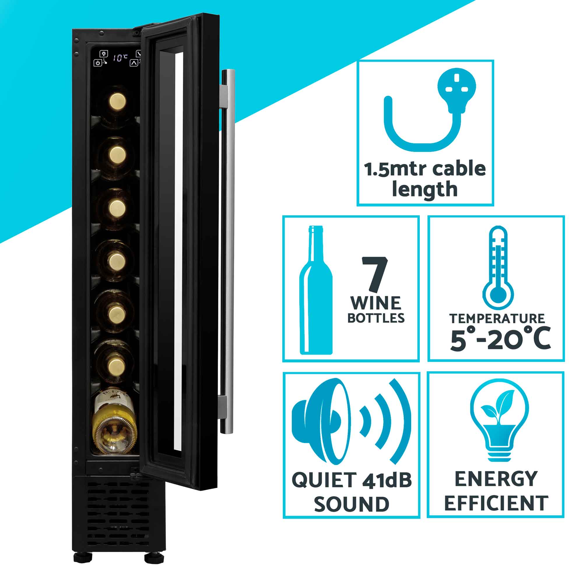 Baridi 7 Bottle 15cm Slim Wine Cooler with Digital Touch Screen Controls - Black (DH76) | Compact Wine Fridge for Kitchen, Bar, Office & Small Spaces