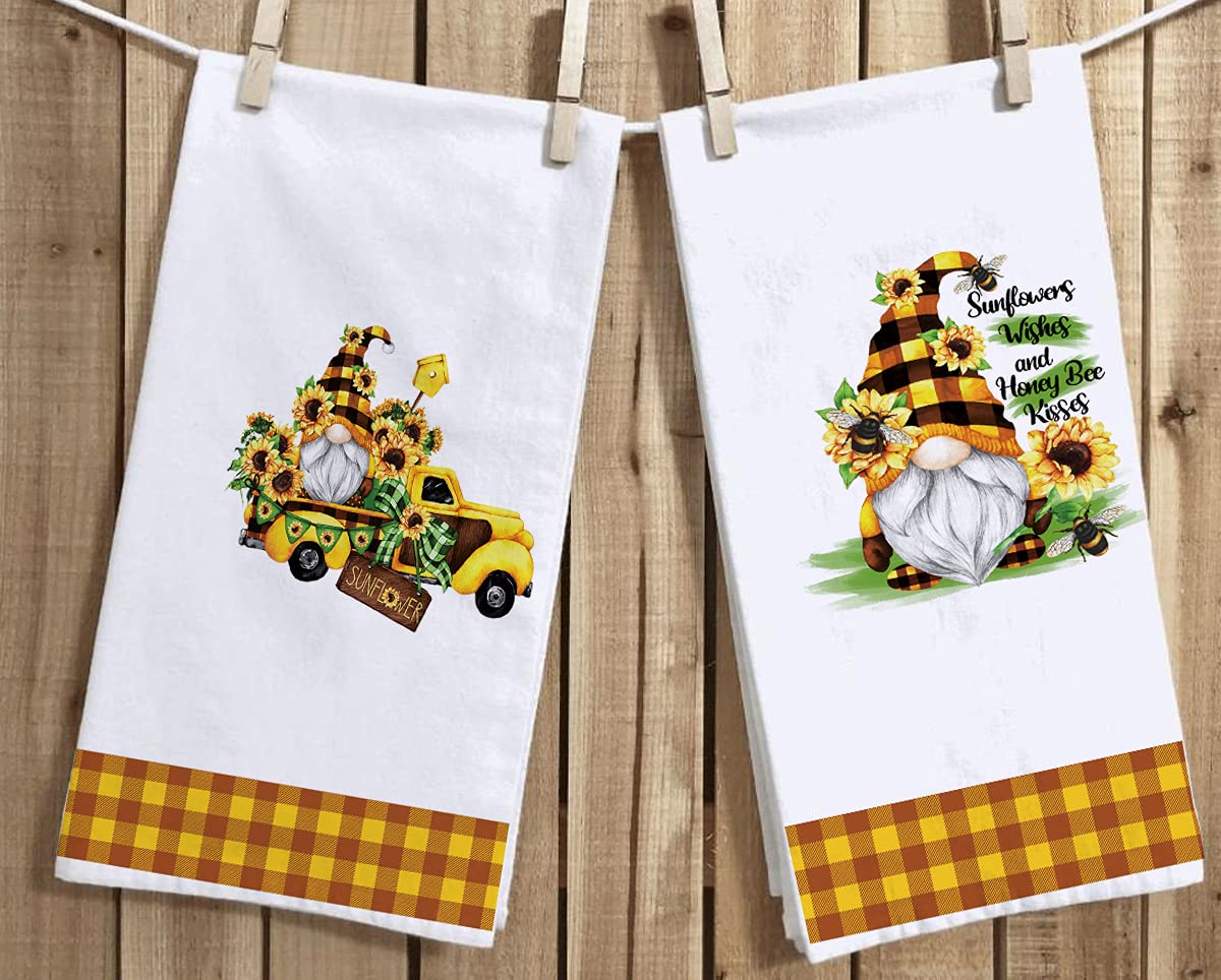 Set of 2 Sunflower Gnome Kitchen Dish Towels 18x28 Inch - Buffalo Plaid Sunflower Truck Tea Towels for Cooking, Baking & Decor - Perfect for Spring Summer Seasonal Decor, Farmhouse Kitchen & Gift Ideas