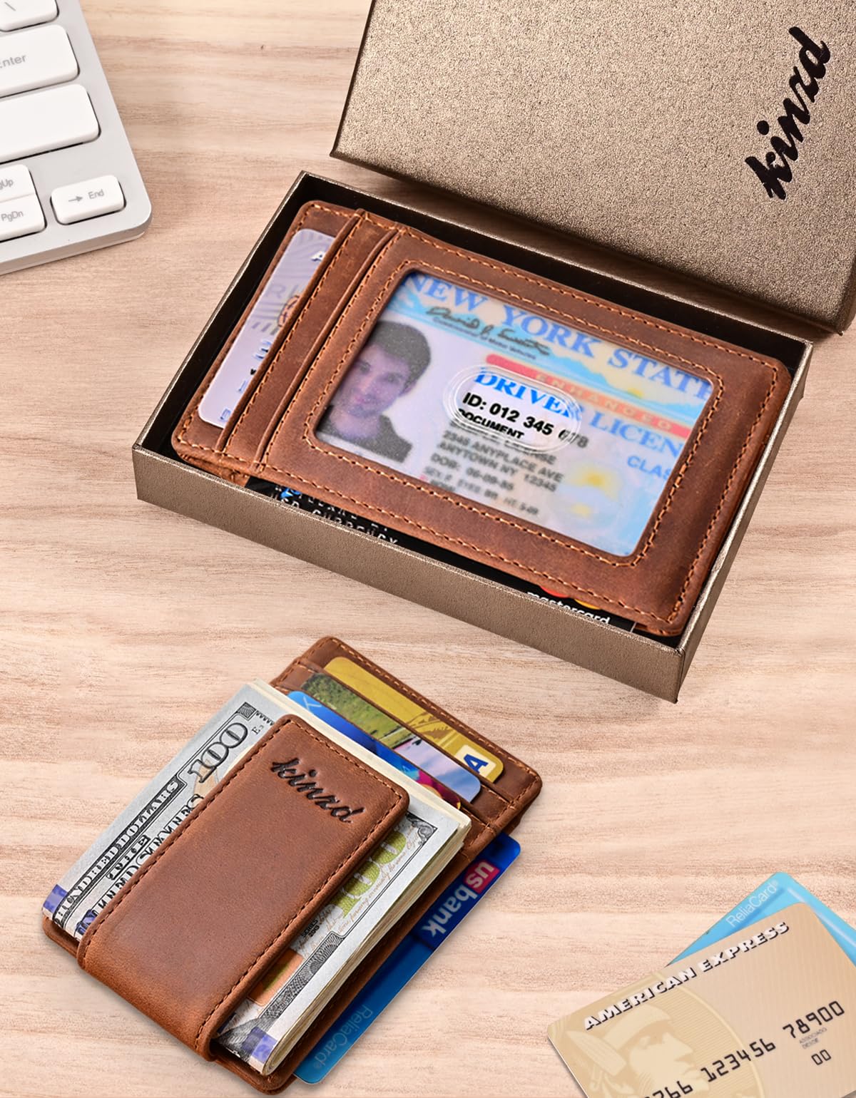Kinzd Slim Leather RFID Blocking Money Clip Wallet with Strong Magnet - Secure Front Pocket Wallet for Men, Ideal for Travel & Everyday Carry