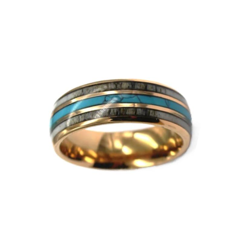 8mm Rose Gold Tungsten Wedding Band for Men with Deer Bone & Turquoise Inlays - Unique Nature Inspired Anniversary Ring - Perfect for Outdoor Enthusiasts, Rustic Weddings & Nature-Themed Gifts