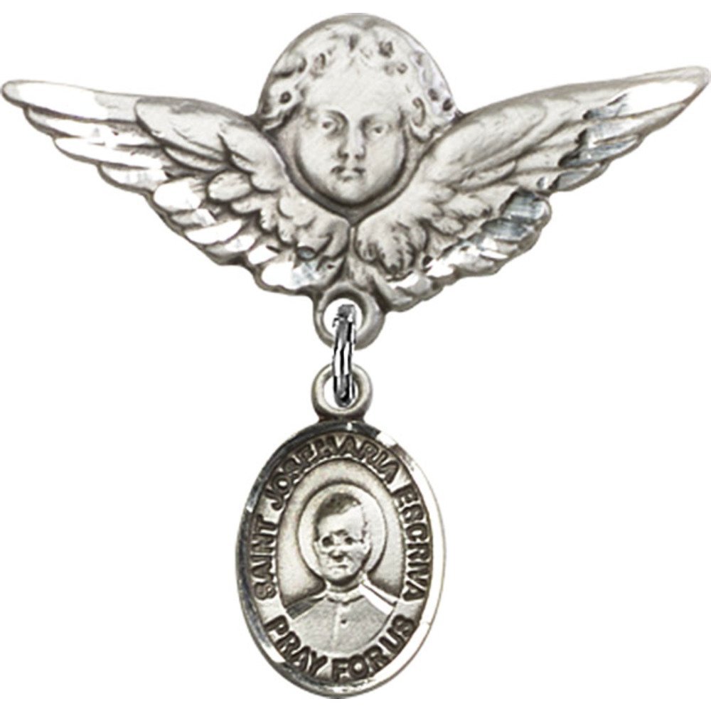 Sterling Silver Baby Badge Pin - St. Josemaria Escriva Charm & Angel Wing Badge - Religious Jewelry for Baptism, Christening & First Communion Gifts