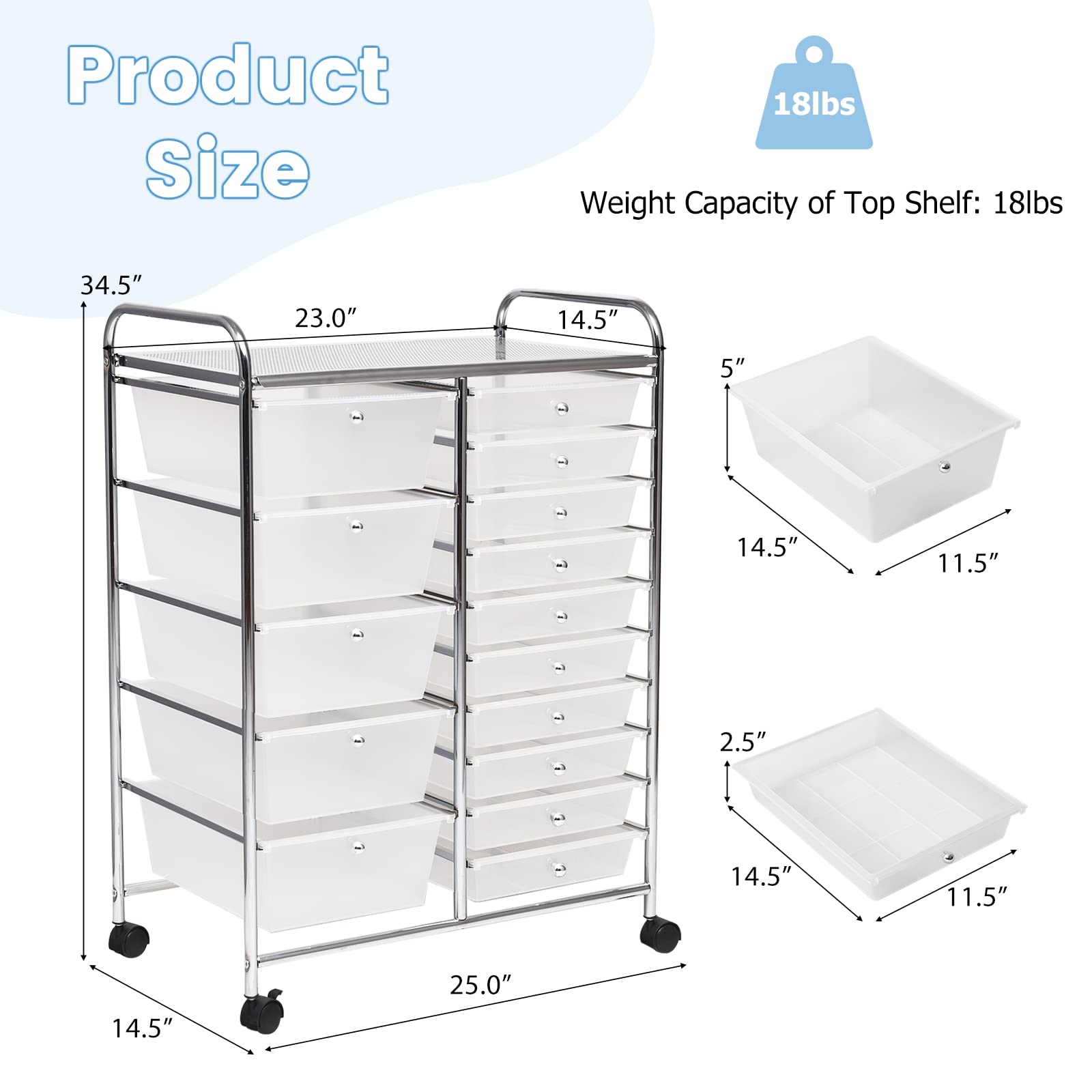 15-Drawer Storage Cart Organizer - Rolling Trolley for Office & School (Clear) - Perfect for Files & Supplies