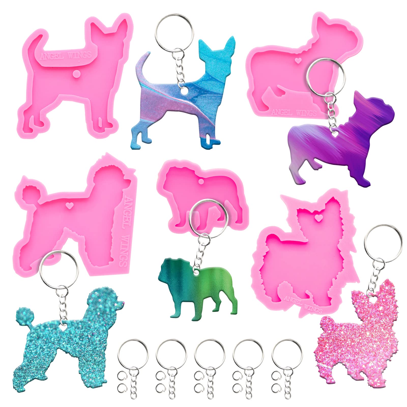 65Pcs Epoxy Resin Molds Kit - 5pcs Dog Shape Silicone Molds for Resin Casting, DIY Keychains, Pendants & Pet Tags | Includes Jump Rings & Polymer Clay Molds | Perfect for Jewelry Making, Gift Crafting & Home Decor Projects
