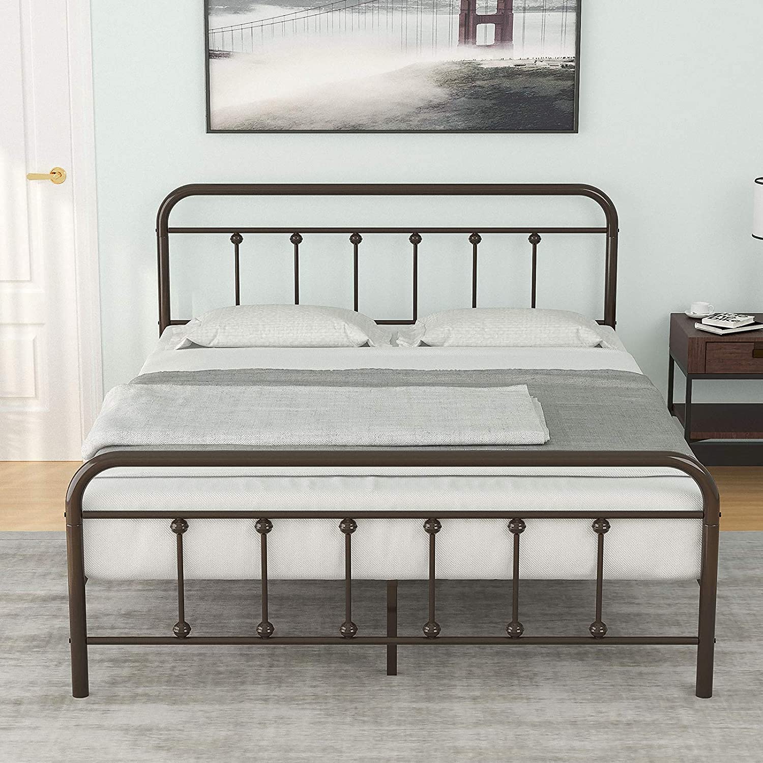 Queen Metal Bed Frame with Headboard & Footboard - Sturdy Steel Farmhouse Bedframe, No Box Spring Needed, Under Bed Storage - Perfect for Kids' Rooms, Guest Bedrooms & Small Spaces (Brown)