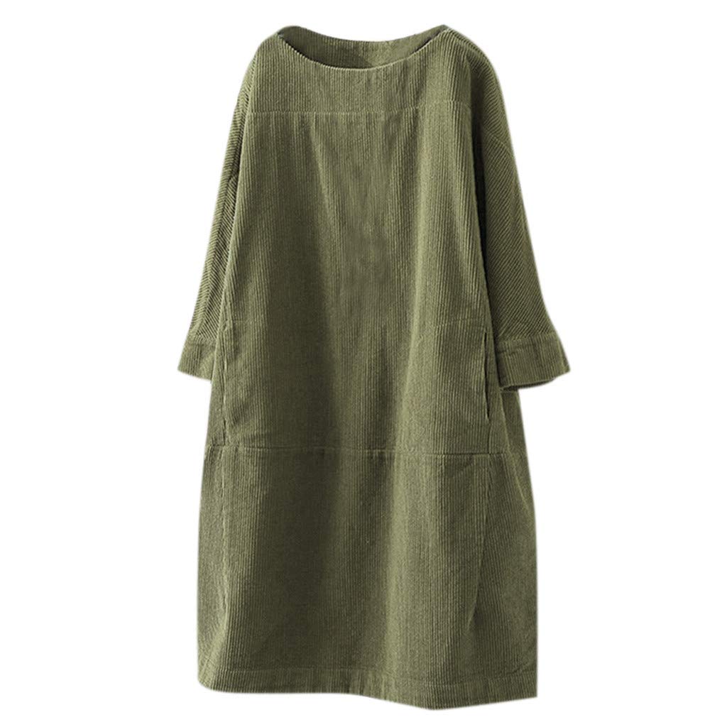 Vintage Corduroy Dress for Women - Casual Loose Fit Long Sleeve Tunic with Pockets | Plus Size Solid Color Crewneck Dress | Perfect for Fall Outfits, Office Wear & Weekend Casual Looks