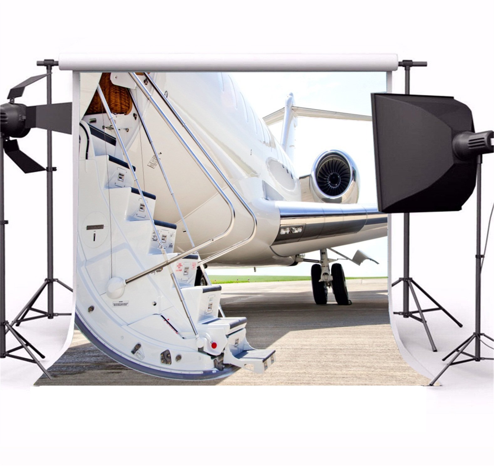 CSFOTO 8x8ft Airplane Backdrop with Jet Engine - White Private Jet Staircase Photo Background for Corporate Events, Business Travel & Aviation Photography - Perfect for Studio Props, Social Media Content & Advertising Campaigns