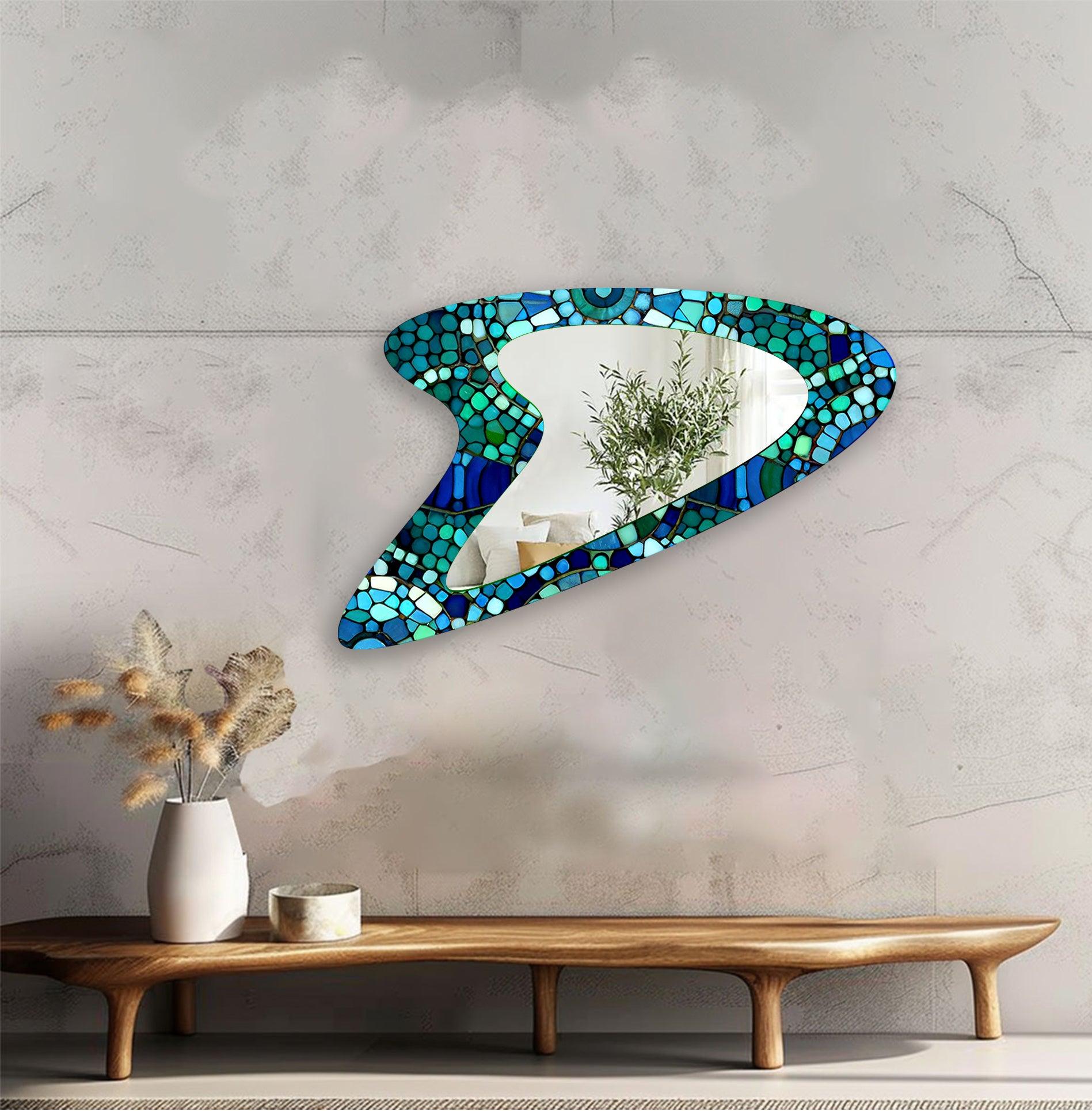 Blue & Green Decorative Mosaic Wall Mirror - Handcrafted Boho Style Bathroom & Bedroom Decor - Perfect for Vanity, Entryway & Living Room Accent Wall