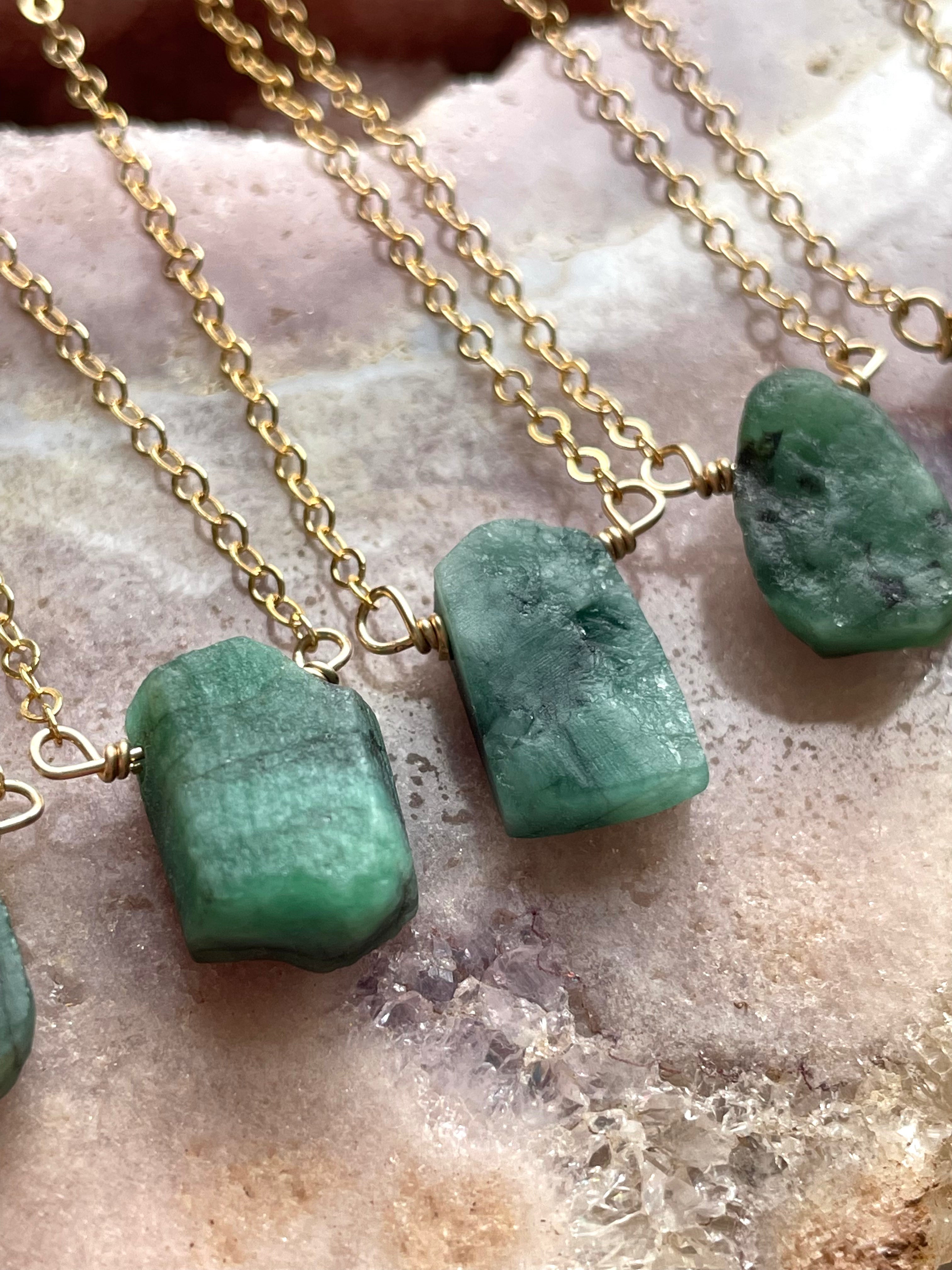 Natural Raw Emerald Pendant Necklace - 14K Gold Filled or 925 Sterling Silver Chain - Boho Chic Jewelry for Women, Gift for Her, Birthday & Anniversary Present