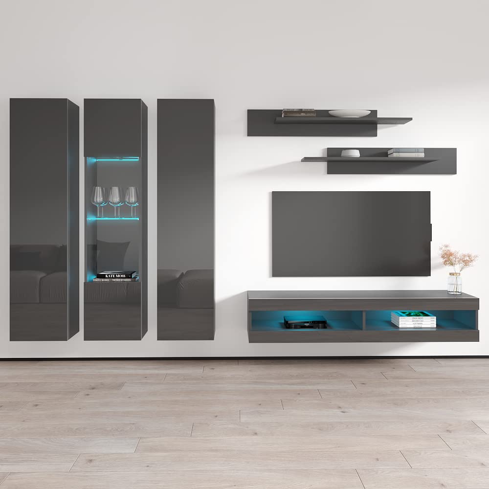 Modern Gray Wall-Mounted TV Stand with Storage Shelves & LED Lights - 34