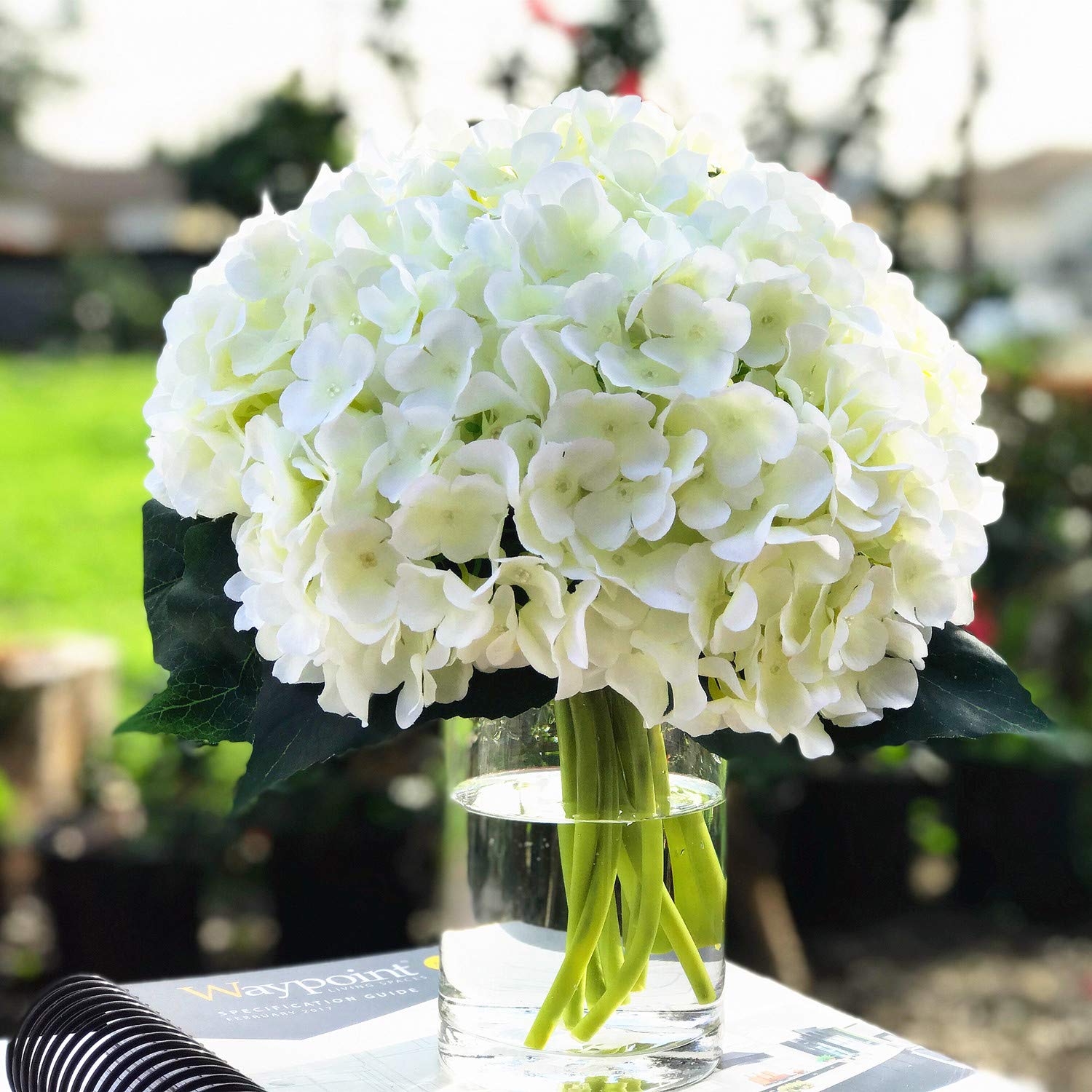 ENOVA HOME Artificial Silk Hydrangea Flower Bouquet in Clear Glass Vase with Faux Water - Cream Floral Arrangement for Wedding Centerpiece, Home Decor, Office & Tabletop Decoration