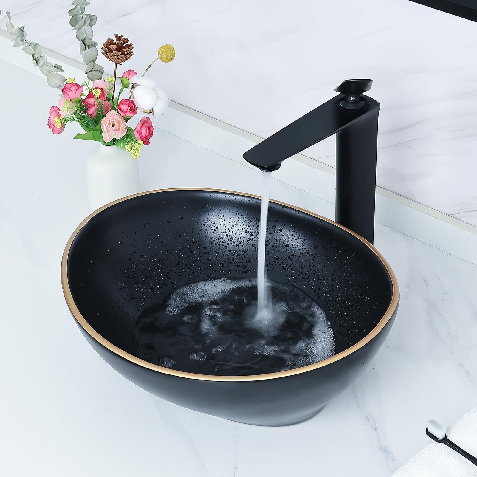 Matte Black Oval Vessel Sink with Gold Trim for Bathroom Countertop - Ceramic Above Counter Sink for Modern Bathrooms