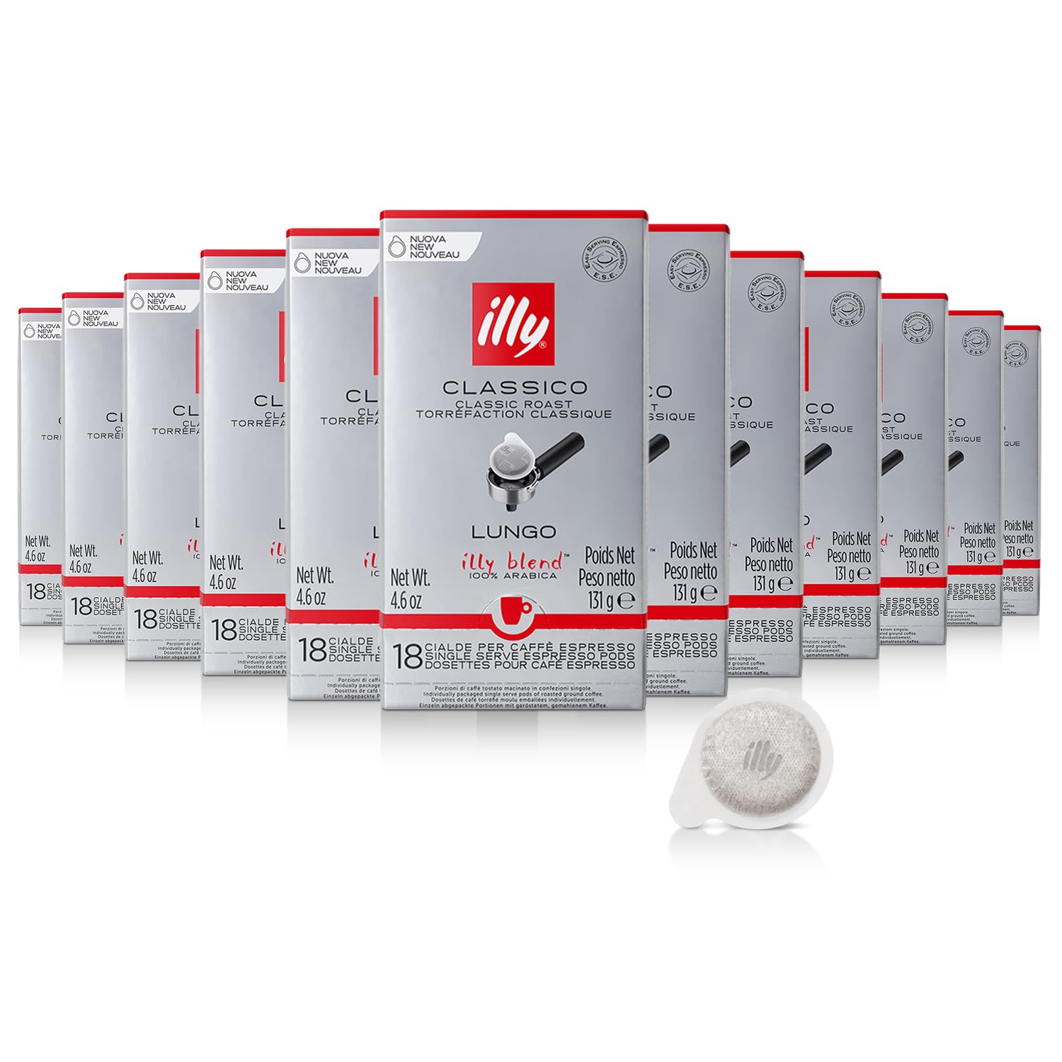 Illy E.S.E. Coffee Pods - Classico Lungo Roast with Caramel, Orange Blossom & Jasmine Notes - Compatible with E.S.E Coffee Machines - Rich Aroma & Full Body - 18 Count (Pack of 12) - Perfect for Home, Office, or Gifting