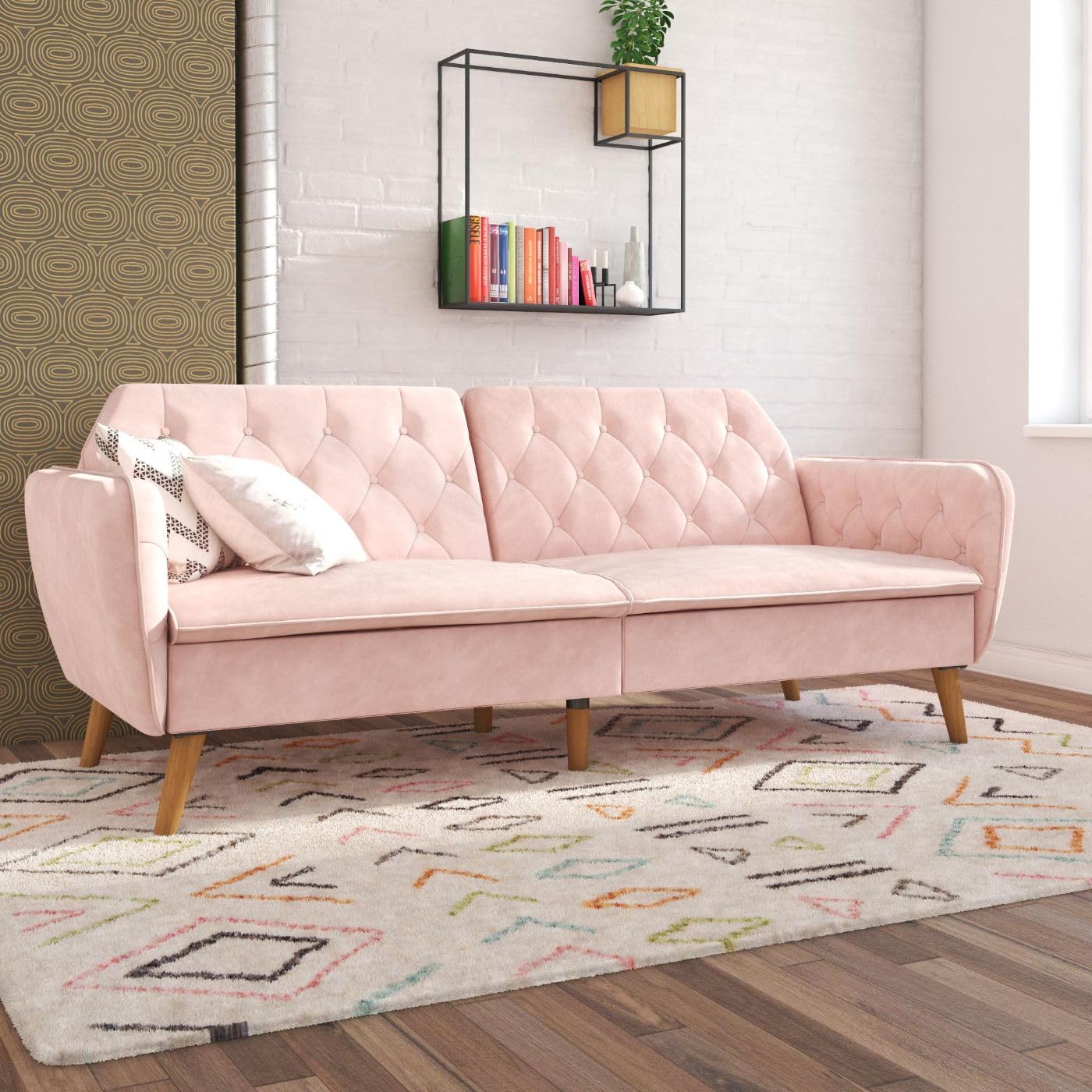 Novogratz Tallulah Convertible Memory Foam Futon Couch - Pink Velvet Sofa Bed for Small Spaces, Guest Room & Dorm | Comfortable Sleeper for Living Room, Apartment & Studio