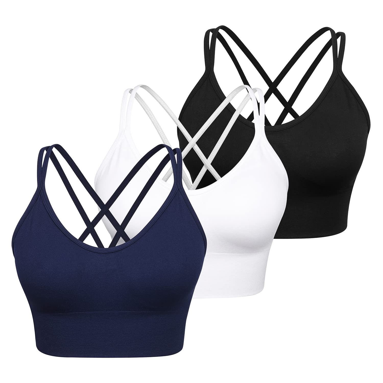 VEQKING Women's Cross Back Sports Bra - Medium Support Seamless Yoga Bra with Removable Pads - 3 Pack for Workout, Fitness & Active Lifestyle