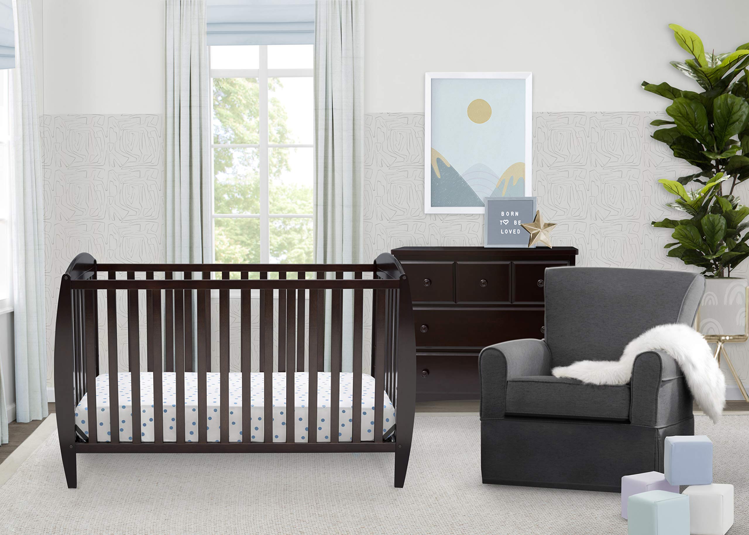 Delta Children Twinkle 4-in-1 Convertible Baby Crib with Toddler Mattress - Sustainable New Zealand Pine Wood in Dark Chocolate Finish & Dual-Sided Recycled Fiber Core Mattress - Perfect for Nursery, Bedroom, and Growing Toddlers