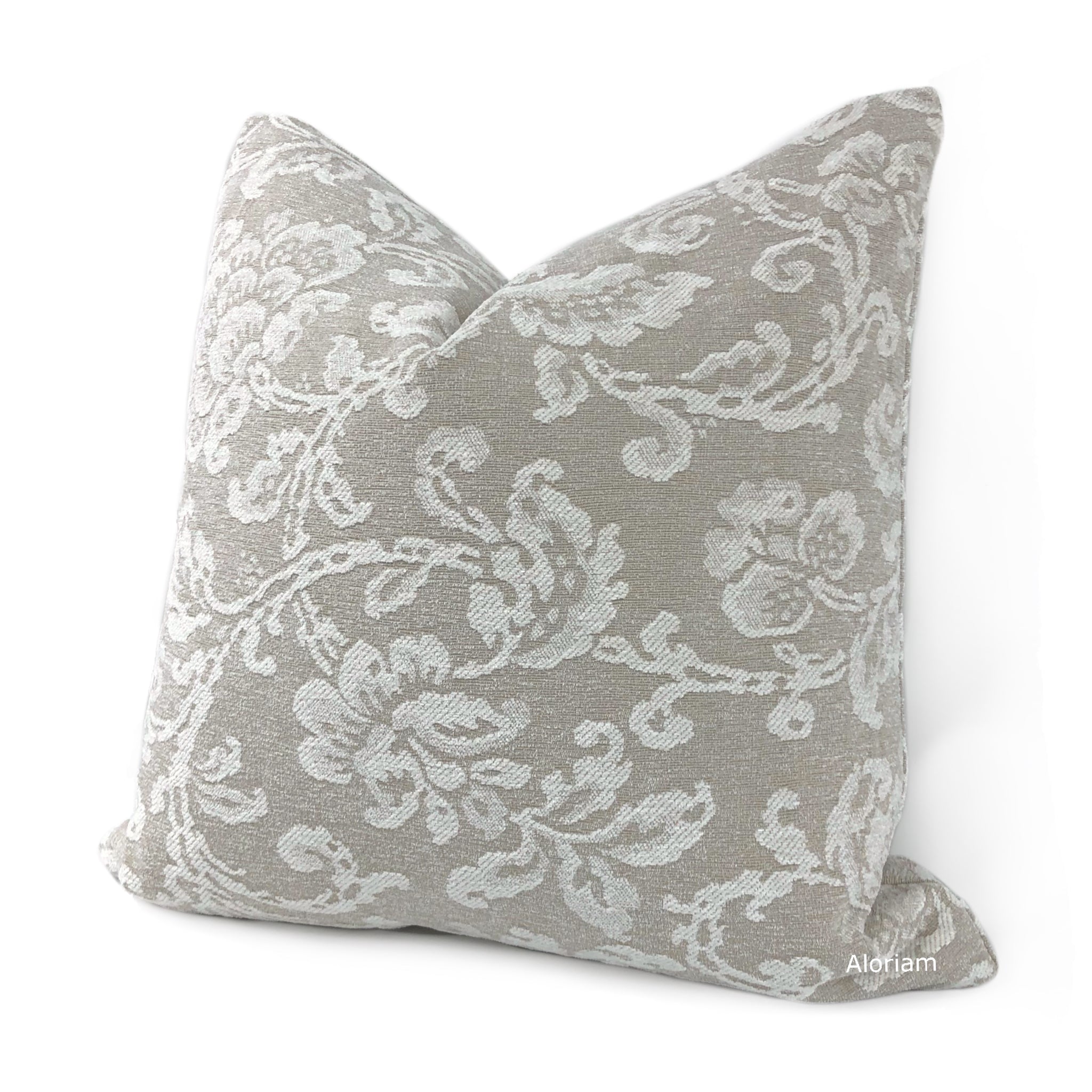 Rhiannon Greige Floral Chenille Pillow Cover - Soft Decorative Throw Pillow Case for Living Room, Bedroom & Sofa - Fabric by the Yard Option Available