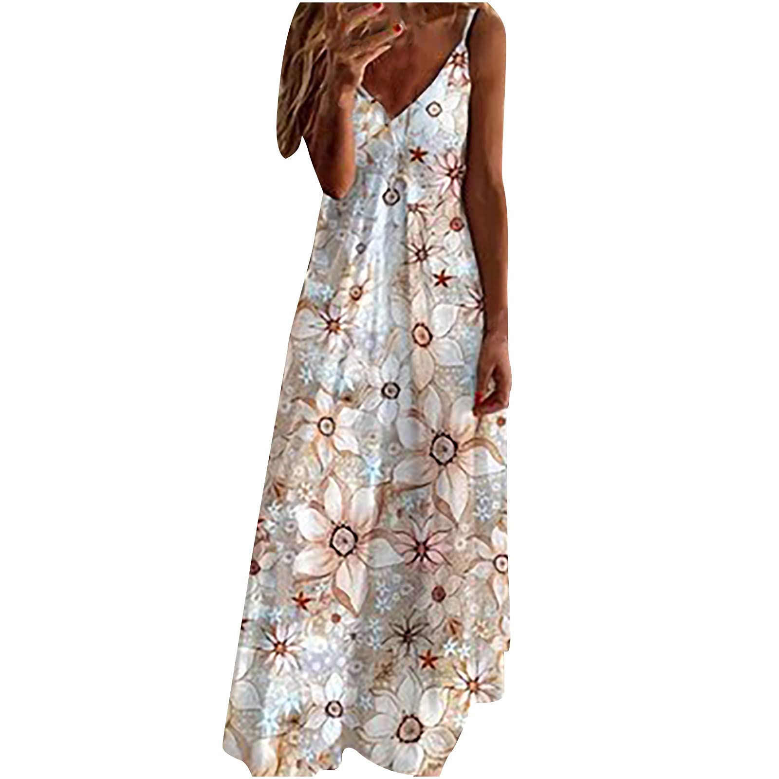 Women's Long V-Neck Sleeveless Floral Summer Dress - Spaghetti Strap Loose Beach Dress for Vacation, Party & Casual Wear