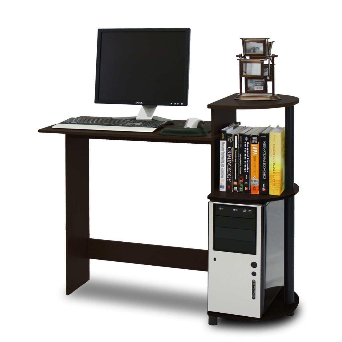 Furinno Compact Computer Desk with Shelves - Small Round Corner Desk for Home Office, Espresso/Black Finish | Perfect for Small Spaces, Dorm Rooms & Apartment Workspaces