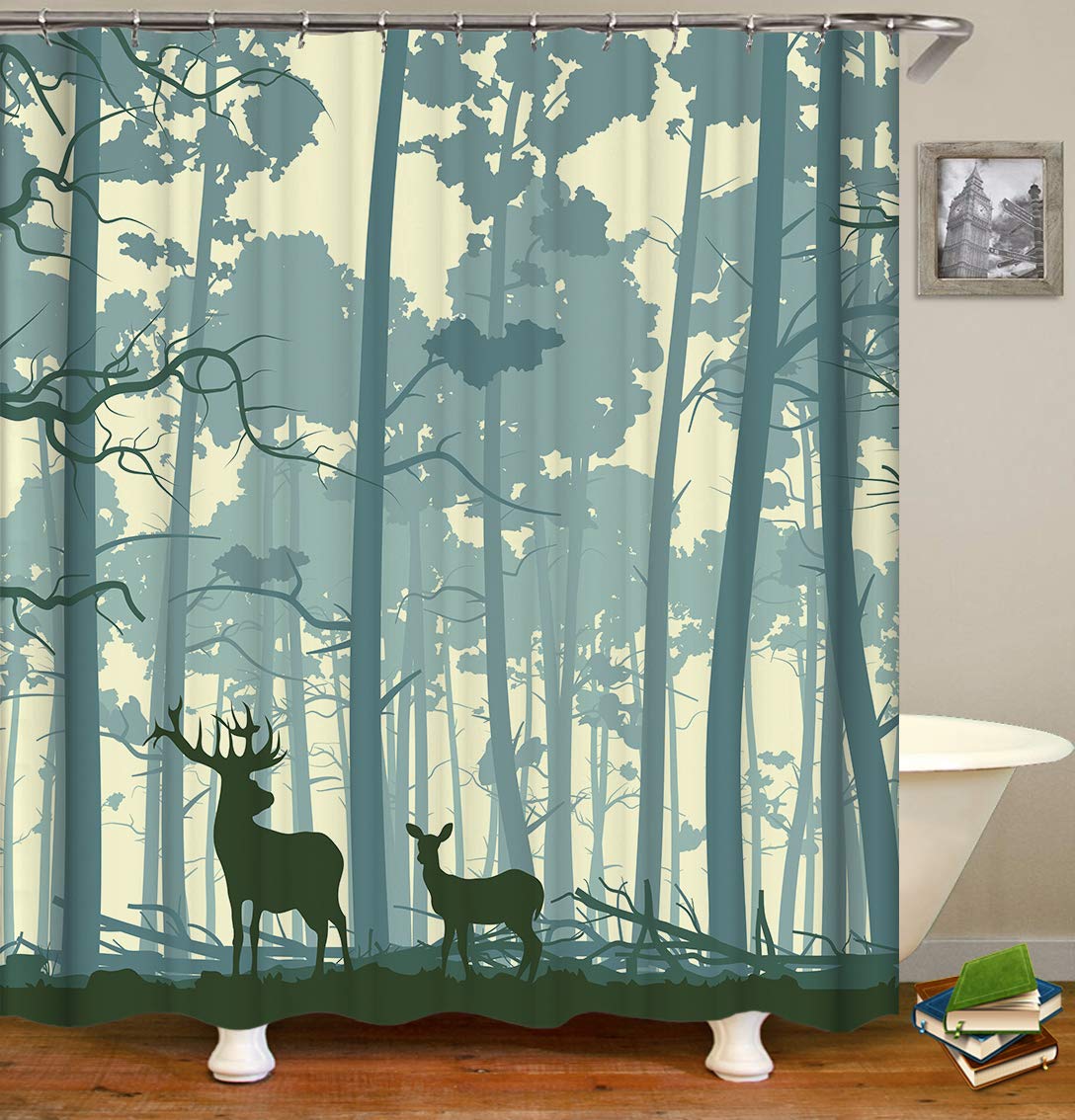 Rustic Forest Deer Shower Curtain - Grey Woodland Safari Animals with Pine Trees & Birds Bathroom Decor - Modern Farmhouse Country Style 72 Inch Set with Hooks - Perfect for Cabin, Cottage or Nature-Themed Bathrooms