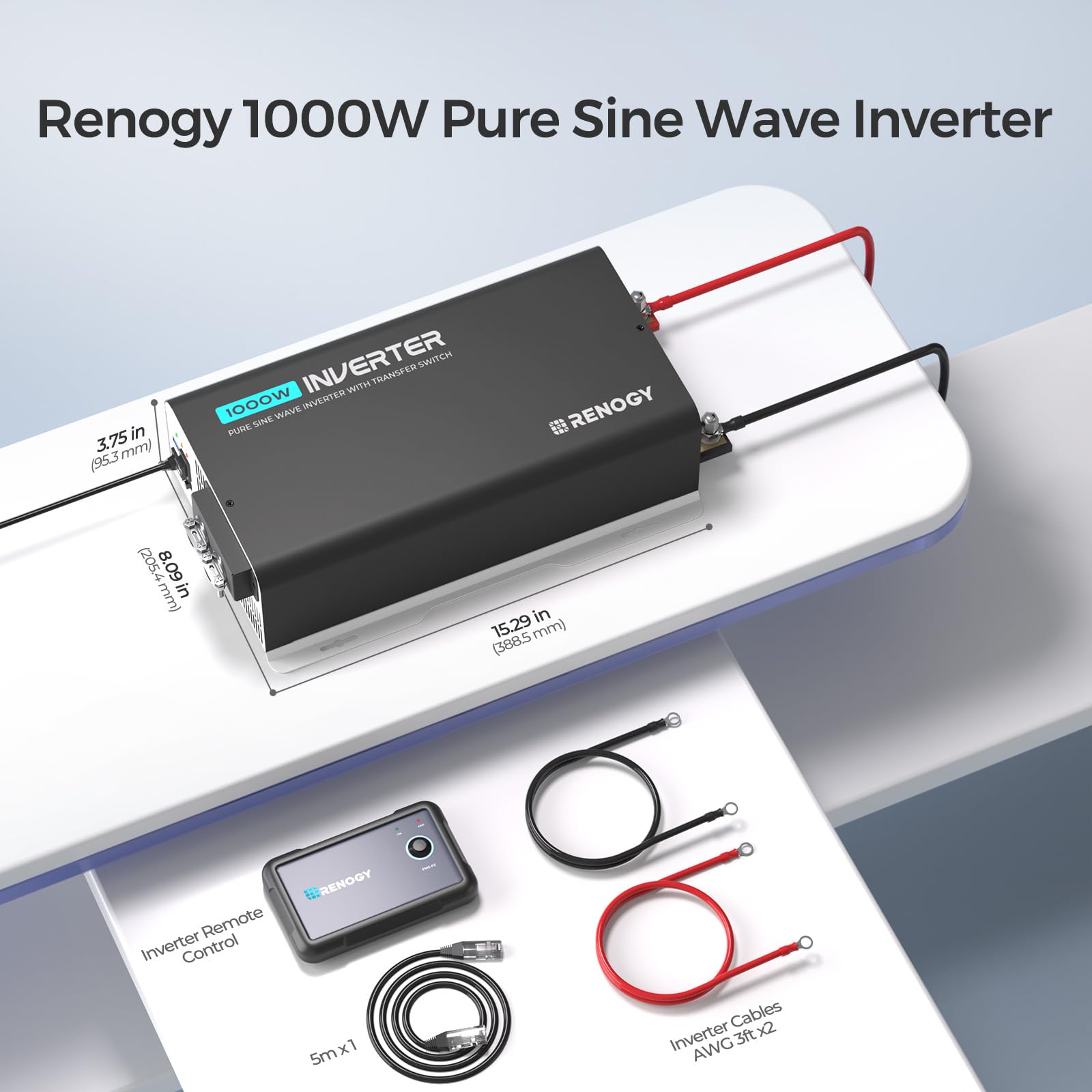 Renogy 1000W Pure Sine Wave Power Inverter with On-Grid Transfer Switch & Bluetooth - 12V DC to 120V AC Converter for RV, Truck, Home - 2000W Surge Power with Remote Control - Perfect for Off-Grid Living, Emergency Backup & Mobile Power Needs