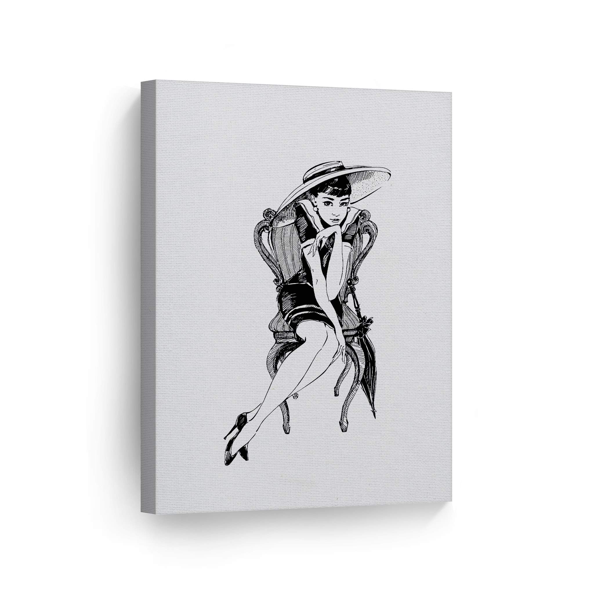 Audrey Hepburn Black & White Retro Glam Fashion Canvas Wall Art - 36x24 Inch Ready to Hang Painting for Office, Bathroom, Teen Girls Room, Women's Dorm & Living Room Decor - Vintage Hollywood Style Home Decor for Movie Lovers & Fashion Enthusiasts