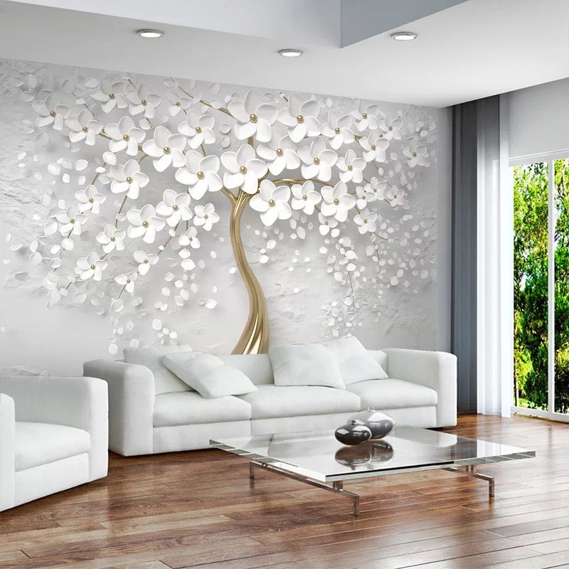 Stunning Tree with White Flowers Wallpaper - Nature-Inspired Wall Art for Living Room, Bedroom & Office Decor