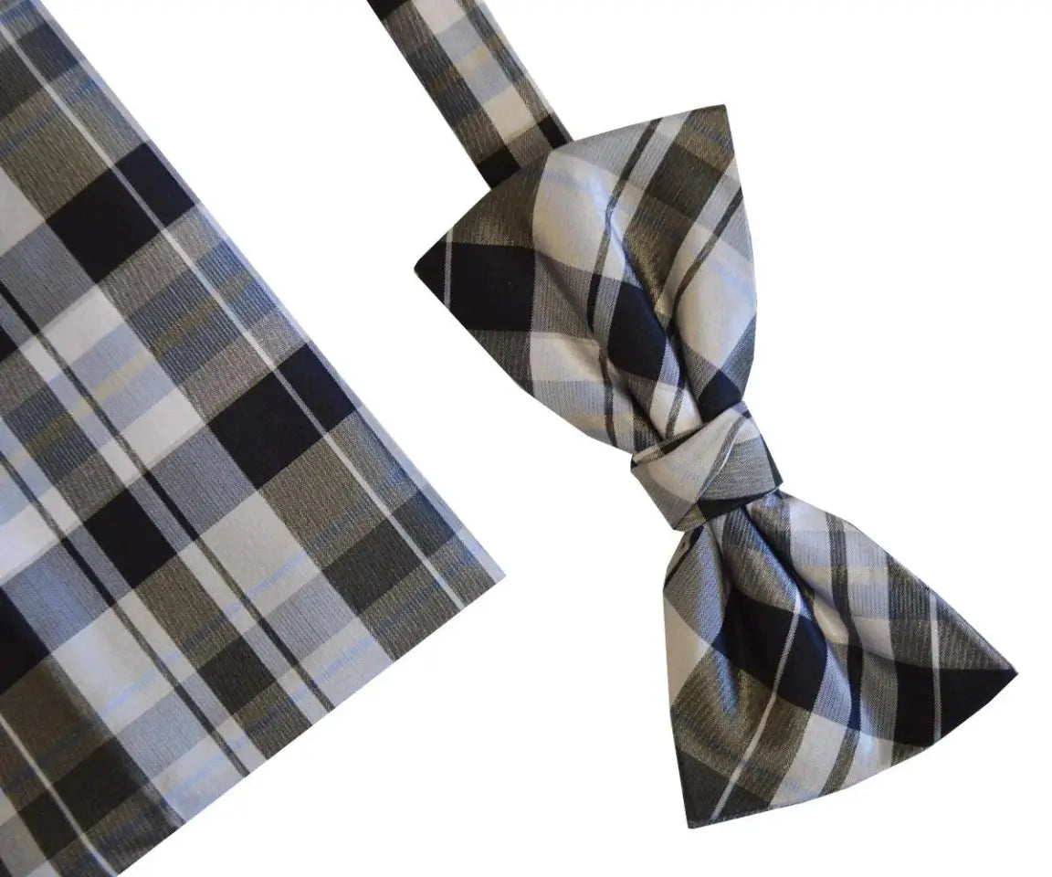 Luxury Blue and Grey Check Silk Bow Tie & Pocket Square Set - Elegant Formal Accessories for Weddings, Prom & Business Events