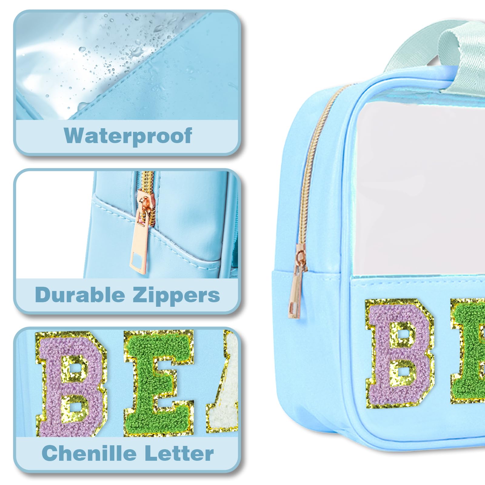 Chenille Letter Patch Clear Beach Bag - Waterproof Travel Cosmetic & Toiletry Organizer with Zipper - Preppy Snack Pouch for Women | Perfect for Beach Vacations, Pool Parties & Gym Essentials