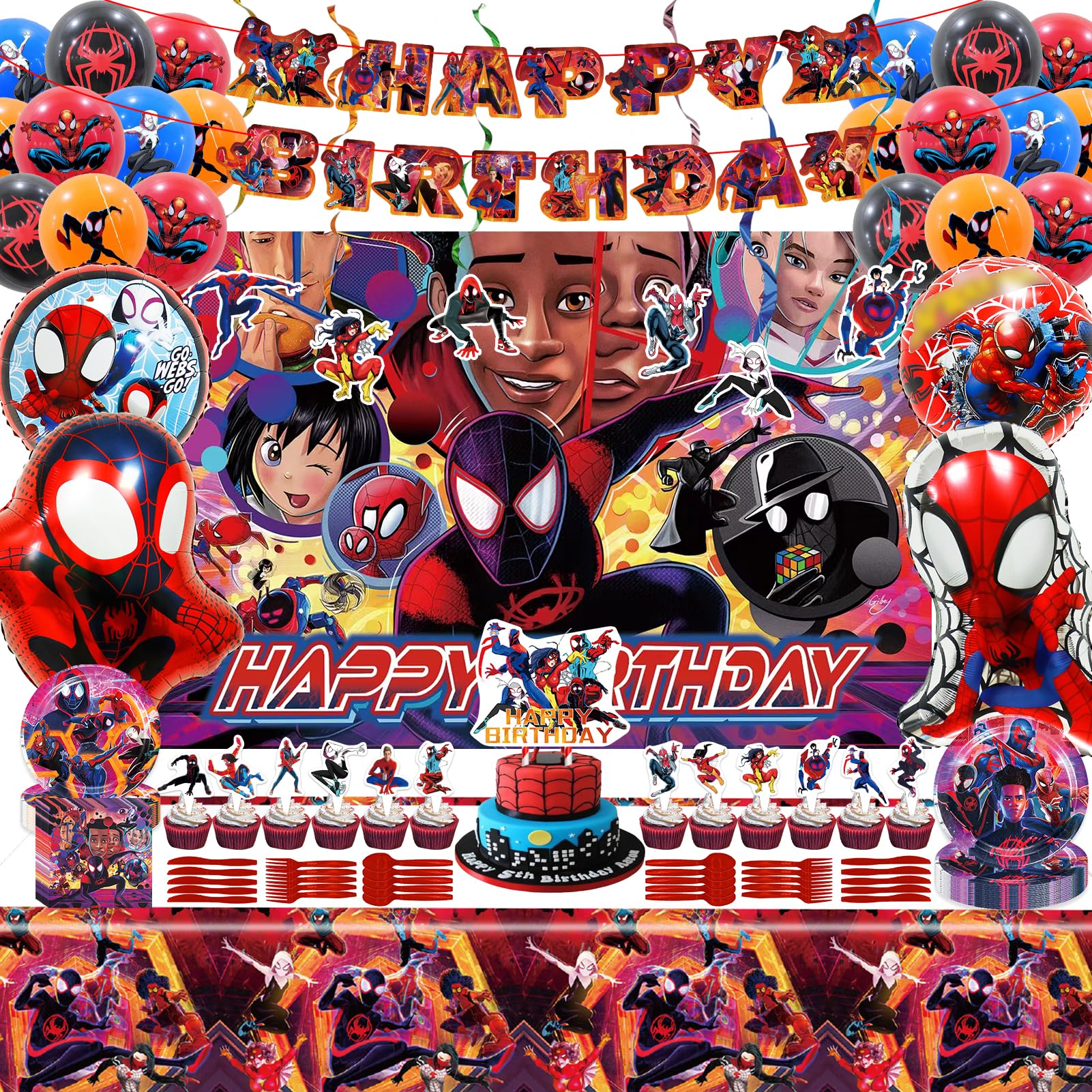 Spider-Man Birthday Party Decorations Kit - Includes Banner, Tablecloth, Backdrop, Balloons, Cake & Cupcake Toppers, Hanging Swirls | Spidey and His Amazing Friends Theme | Perfect for Kids Birthday Parties, Superhero Themed Events & Decorations