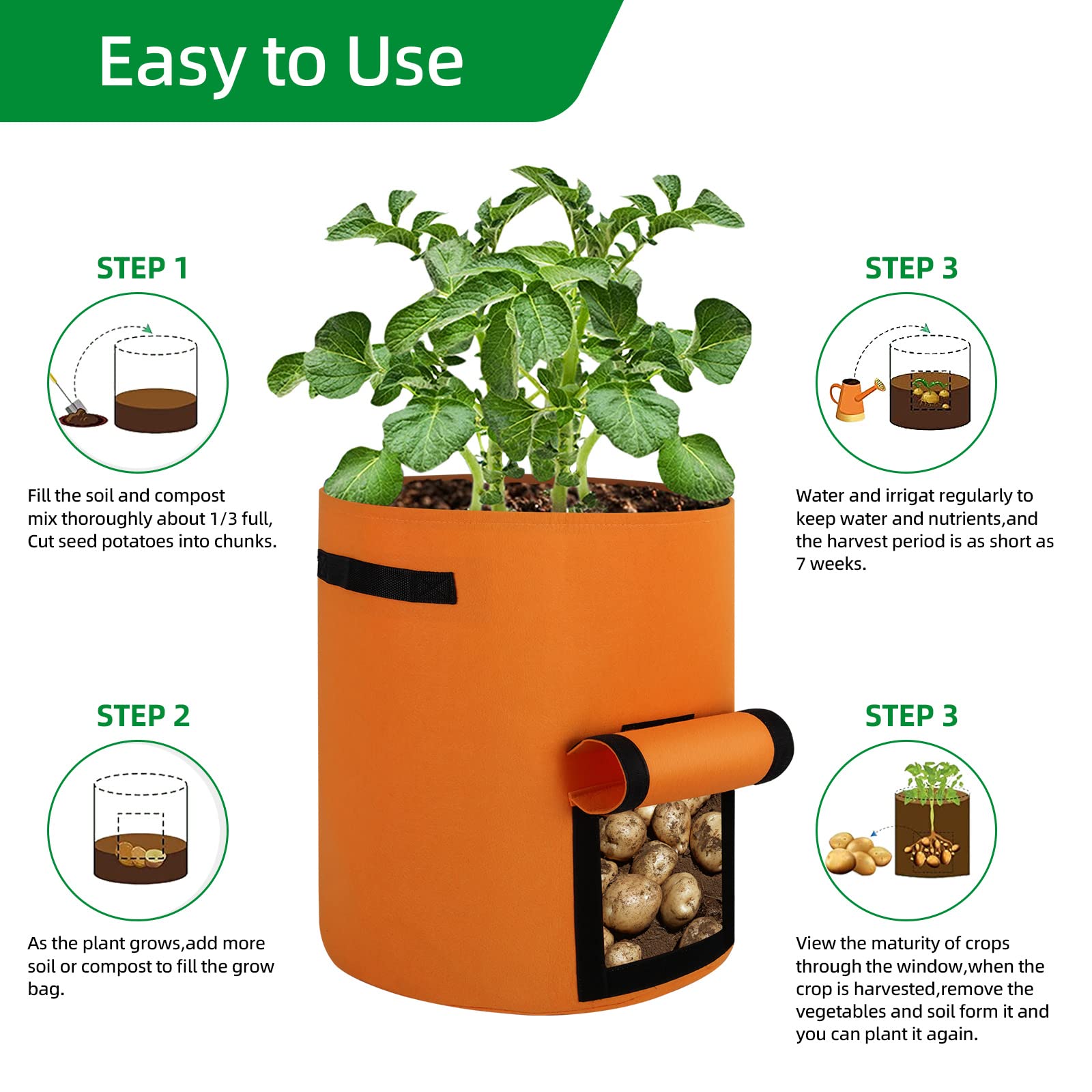 6 Pack 10 Gallon Thickened Nonwoven Fabric Grow Bags with Flap - Plant Pots for Potatoes, Tomatoes, Fruits, Herbs, Vegetables - Ideal for Indoor/Outdoor Gardening, Balcony & Patio Planting