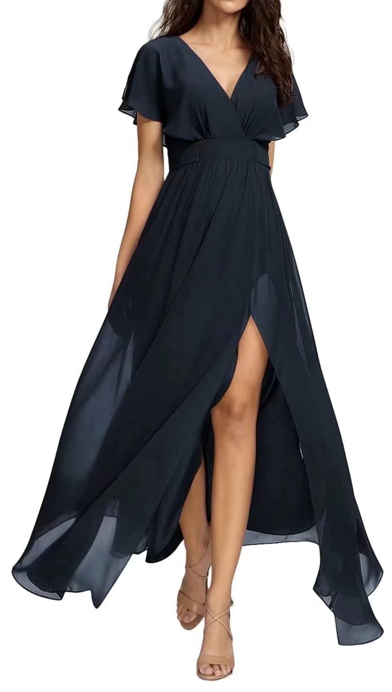 Yadressy Women's A-Line Chiffon Maxi Dress with Long Ruffle Sleeves & High Slit - Elegant Bridesmaid & Evening Party Gown YE22 | Perfect for Weddings, Proms & Formal Events