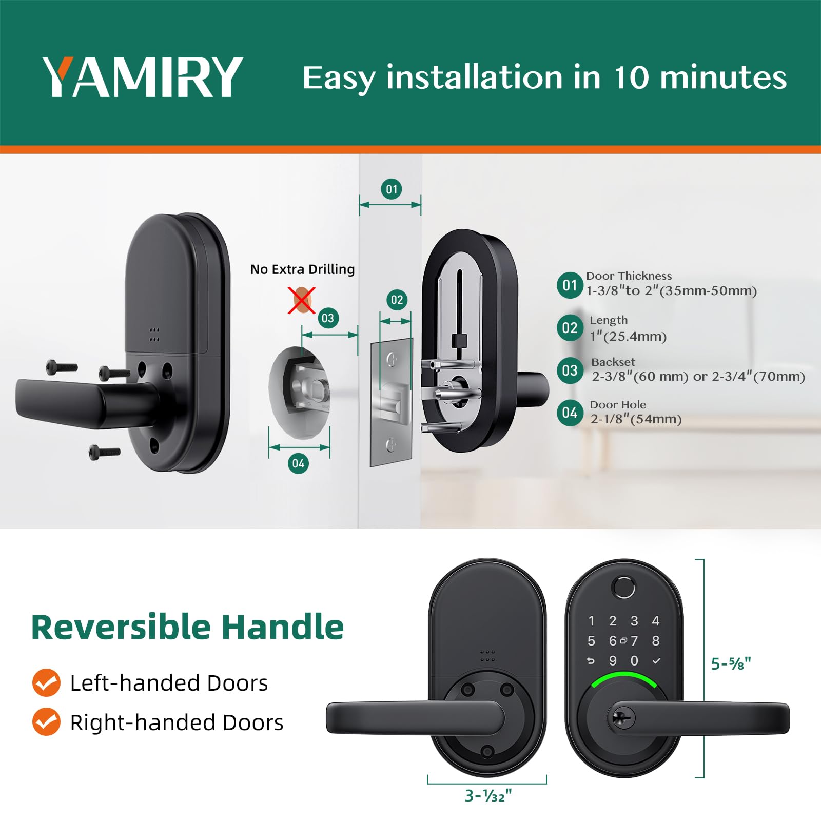 Yamiry Smart Door Handle Lock with Keypad & Fingerprint - Keyless Entry Digital Deadbolt for Front Door - APP Control & Remote Passcode Generation - Easy DIY Installation - Ideal for Homes, Apartments & Vacation Rentals