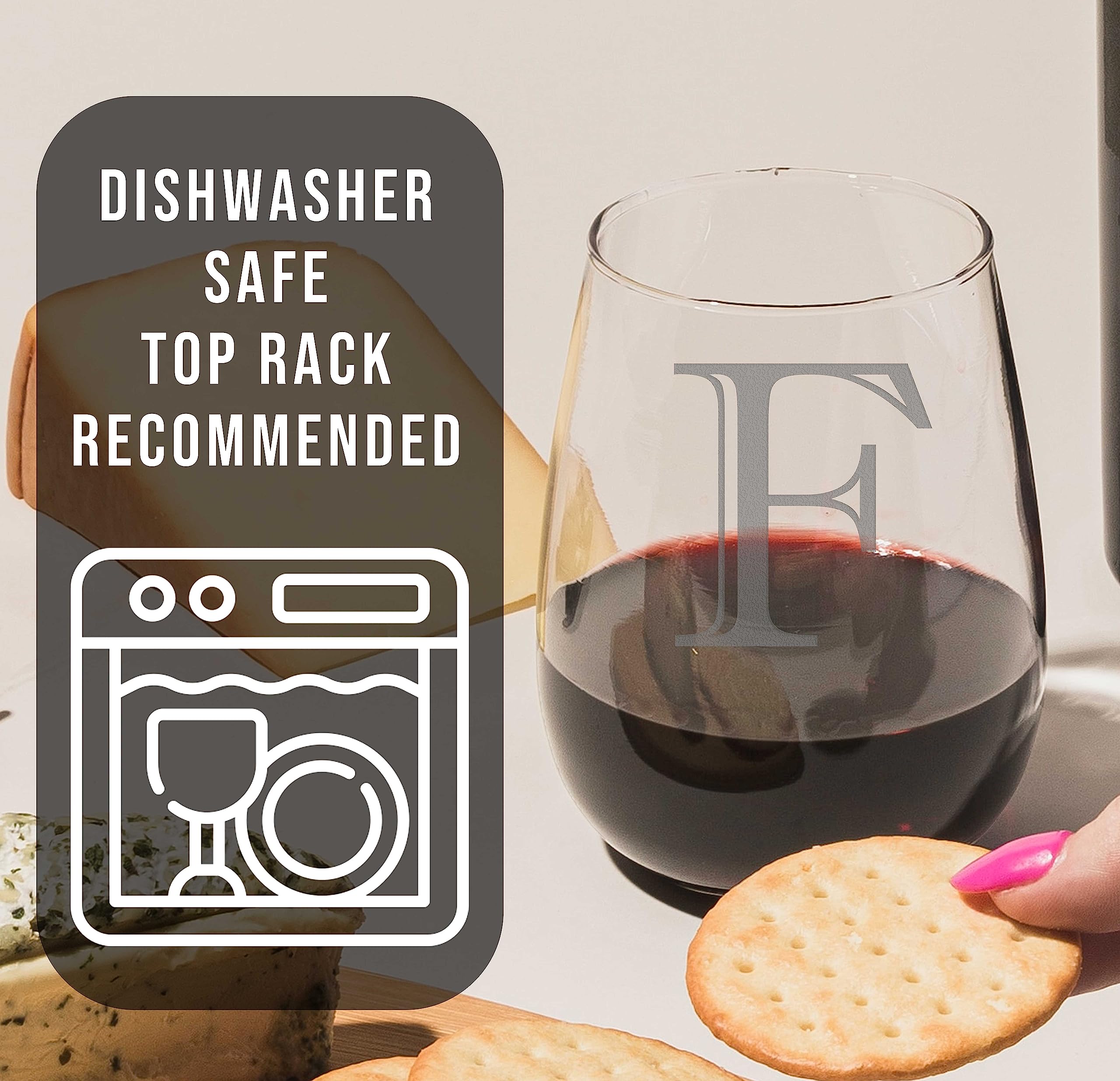 Personalized Monogram Etched 17oz Stemless Wine Glass - Custom Letter F (A-Z Available) | Unique Birthday Gifts for Women, Bridal Shower Favors, Housewarming Present, Wedding Anniversary Keepsake | Perfect for Wine Tasting Parties, Romantic Dinners & Special Occasions