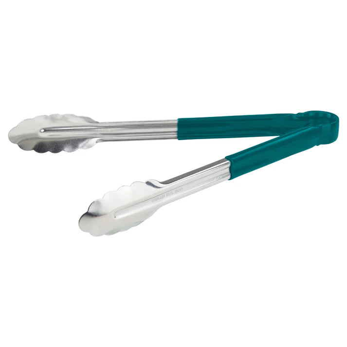 Winco 12-Piece Stainless Steel Tongs Set with Comfortable Green Handle - Perfect for Grilling, BBQ, Cooking, and Serving (UT 12HP G)