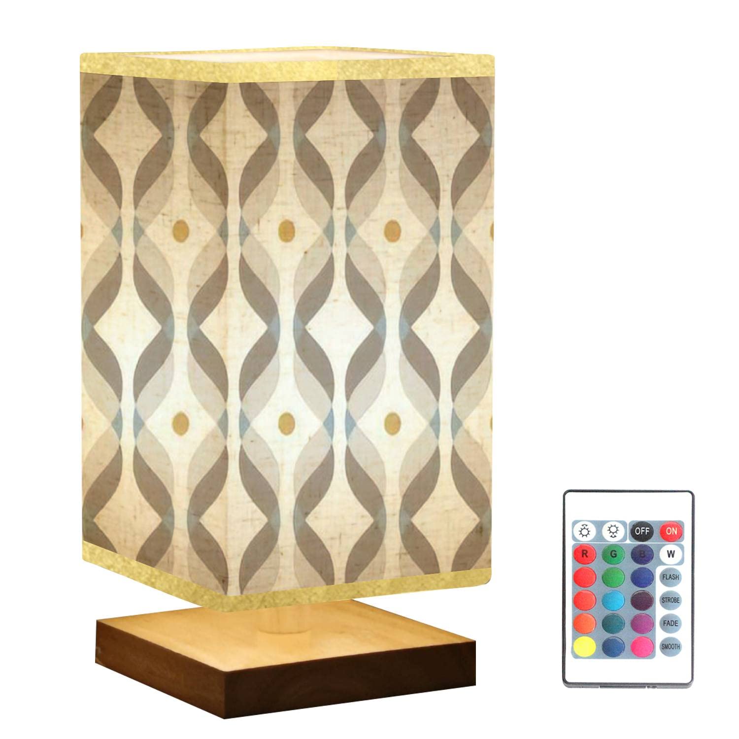 Vintage Square Bedside Table Lamp with Wooden Base & Flaxen Fabric Shade - Dimmable Ogee Seamless Curved Abstract Geometric Design - Perfect Nightstand Lamp for Bedroom, Living Room, Office & Reading Nook