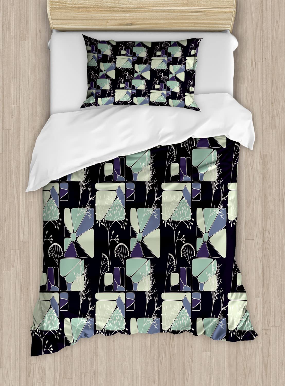 Ambesonne Floral Duvet Cover Set - Twin Size 2-Pack with Geometric Flower Print in Pale Green & Slate Blue | Soft Bedding Set Includes 2 Duvet Covers & 2 Pillowcases | Perfect for Spring & Summer Bedroom Decor | Ideal for Guest Rooms, Dorms, and Cozy Home Styling