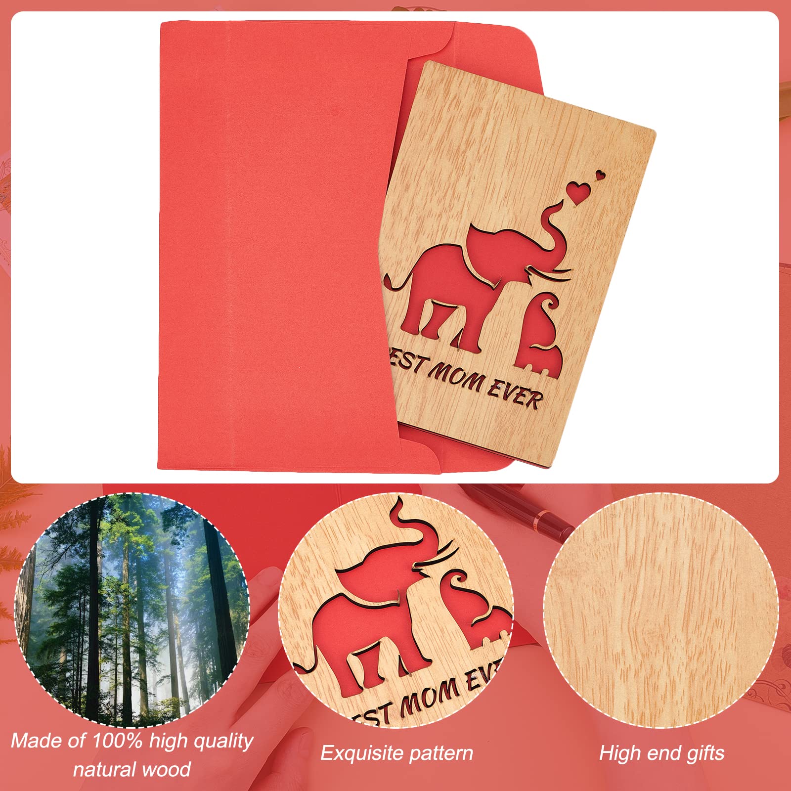 CRASPIRE Best Mom Ever Wooden Greeting Card with Elephant Design - Handmade Birthday, Mother's Day, Valentine's, Wedding Anniversary & Easter Gift Card - Perfect for Special Occasions & Heartfelt Moments