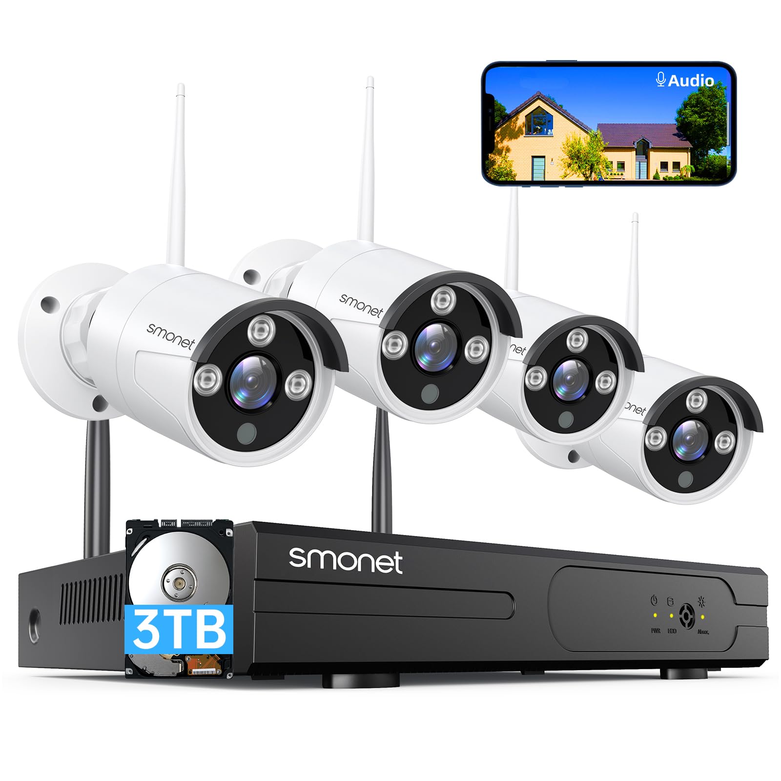 SMONET 8CH 1080P Wireless Security Camera System with 4x 2MP HD Cameras, 3TB HDD, Night Vision & Motion Detection - Indoor/Outdoor Home Surveillance DVR Kit with 24/7 Recording & Free App for Smartphone Monitoring | Perfect for Home, Office & Business Security